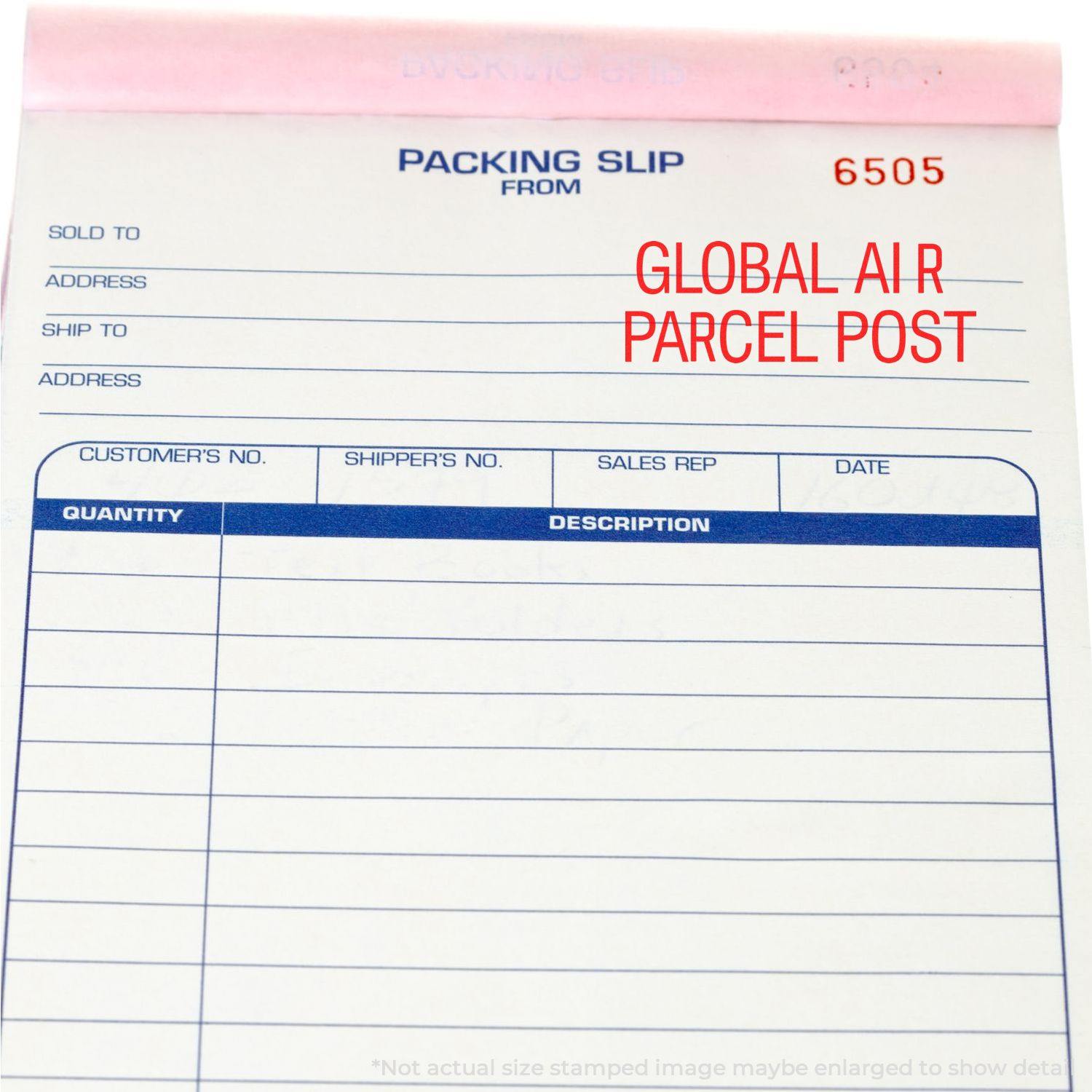 Packing slip with GLOBAL AIR PARCEL POST rubber stamp in red ink, showing fields for customer details, shipper's number, and item description.