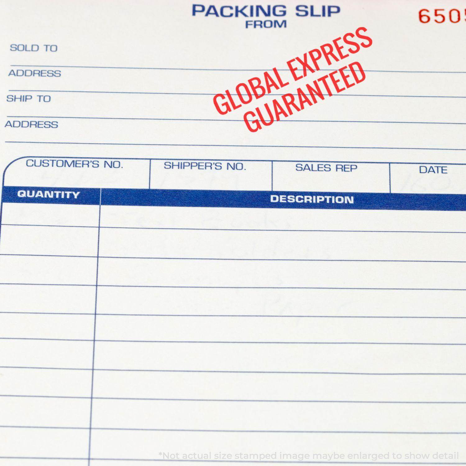 Packing slip with a red Global Express Guaranteed rubber stamp mark at the top right corner, above the form fields.