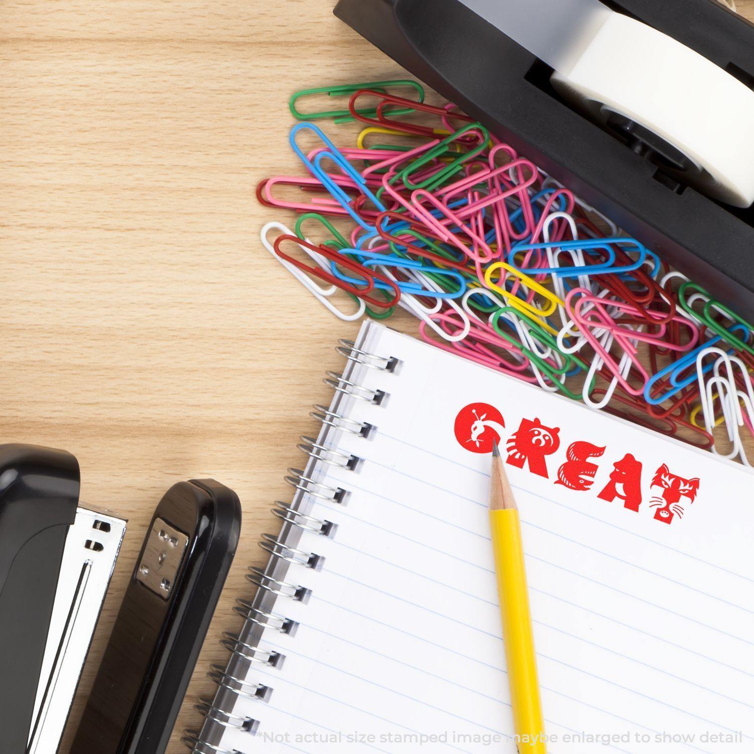 Great Rubber Stamp in use on a notebook with a yellow pencil, surrounded by colorful paper clips, staplers, and tape dispenser on a wooden desk.