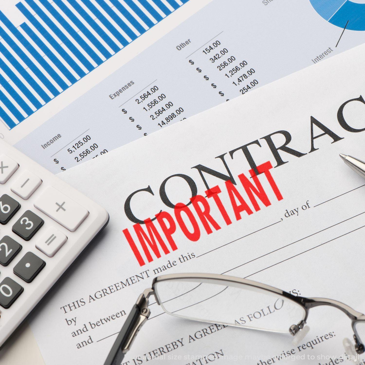 A Large Pre-Inked Important Stamp marks a contract document with IMPORTANT in red ink, surrounded by a calculator, glasses, and charts.