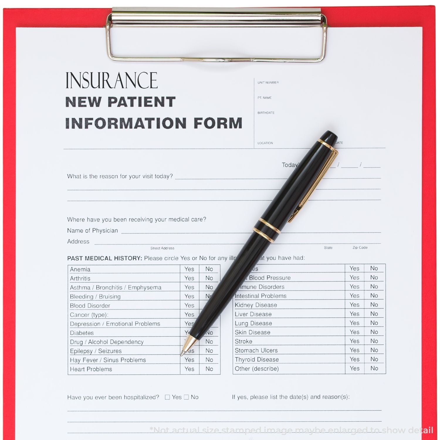 A Self Inking Insurance Stamp is placed on a new patient information form on a red clipboard, with a black pen beside it.