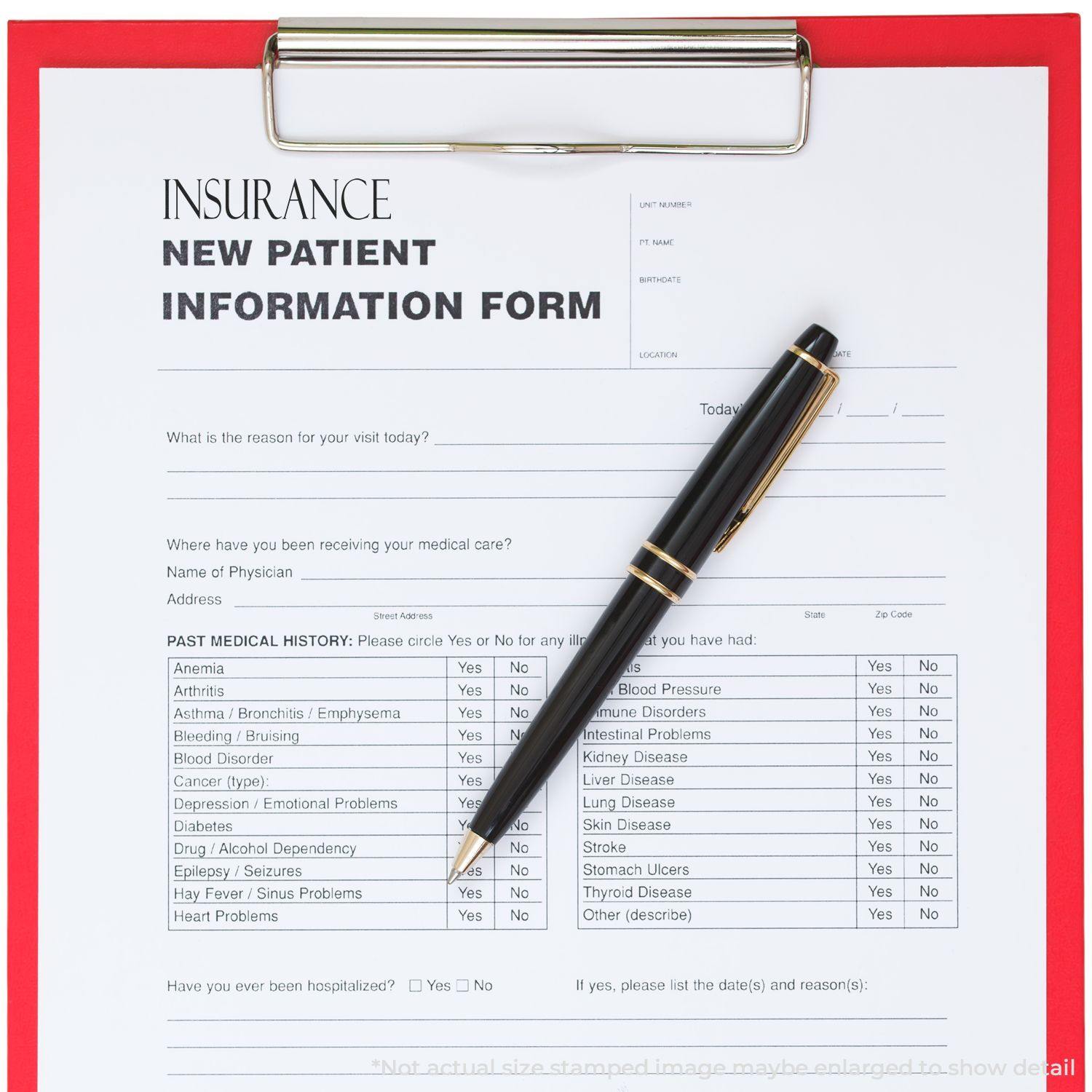 A Large Insurance Rubber Stamp is placed on a new patient information form with a pen on a red clipboard.