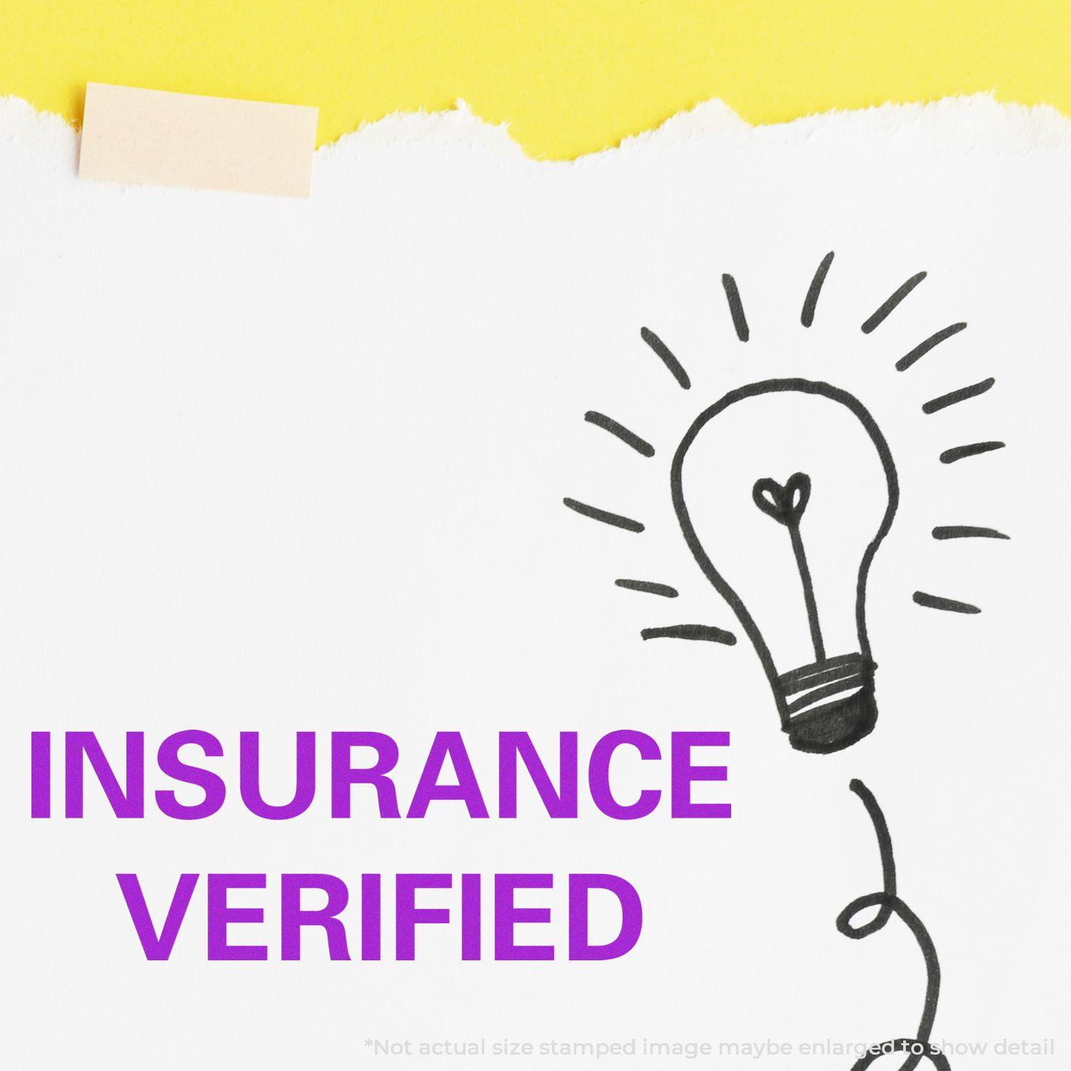 Insurance Verified Rubber Stamp impression on white paper with a light bulb illustration and a yellow background.