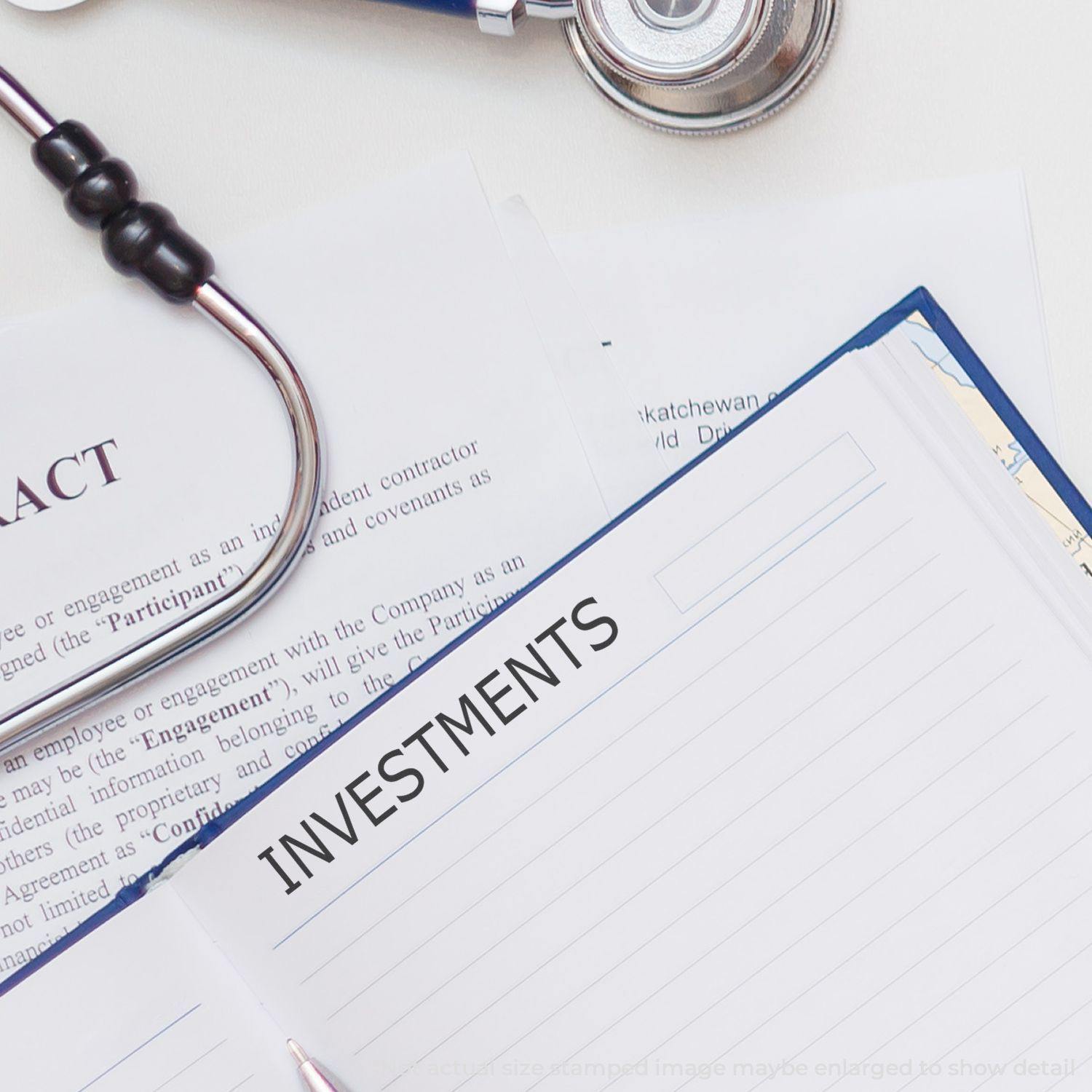 A Large Investments Rubber Stamp marks the word INVESTMENTS on a document, surrounded by a stethoscope and contract papers.