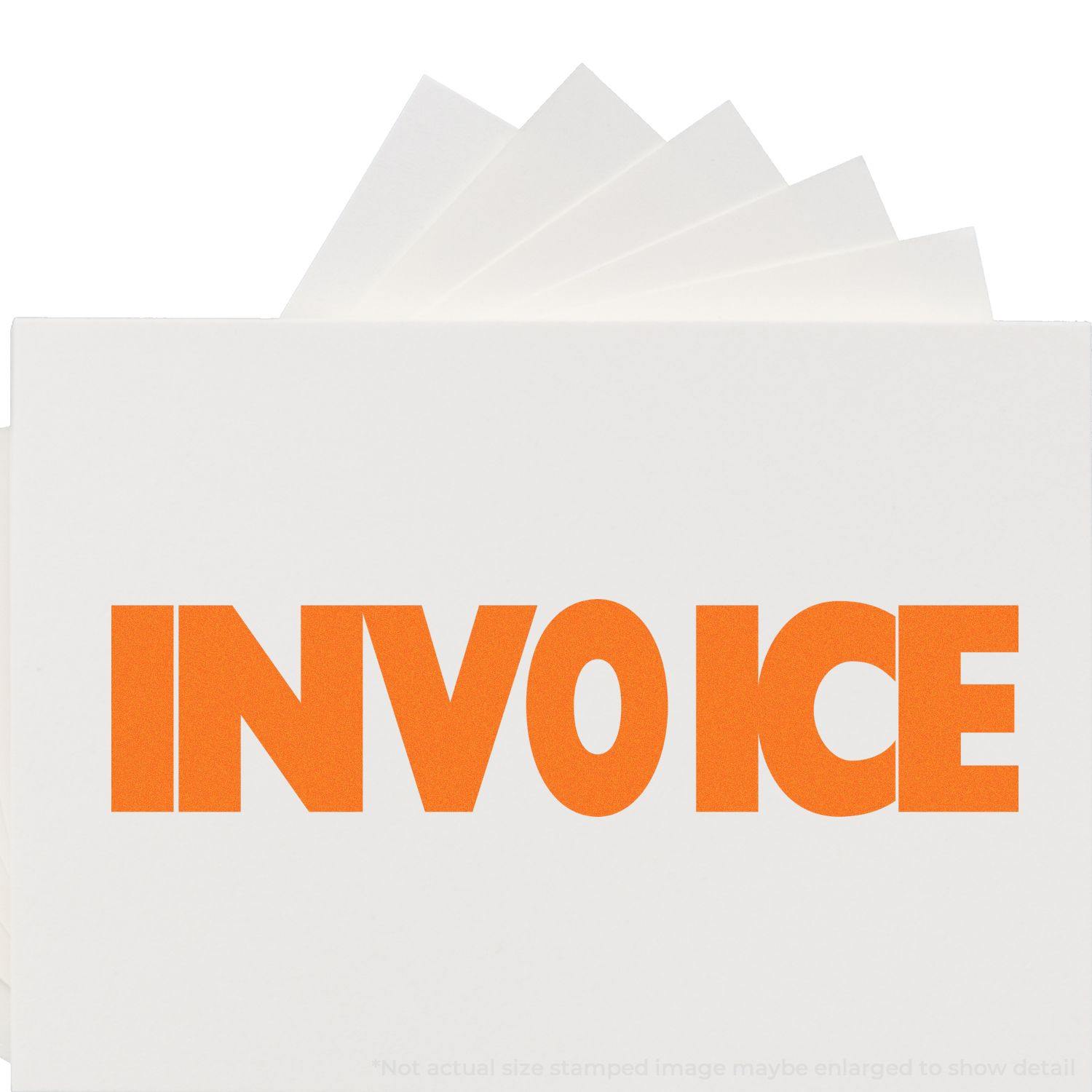 Invoice Rubber Stamp in bold orange letters on white paper, with multiple sheets fanned out behind it.