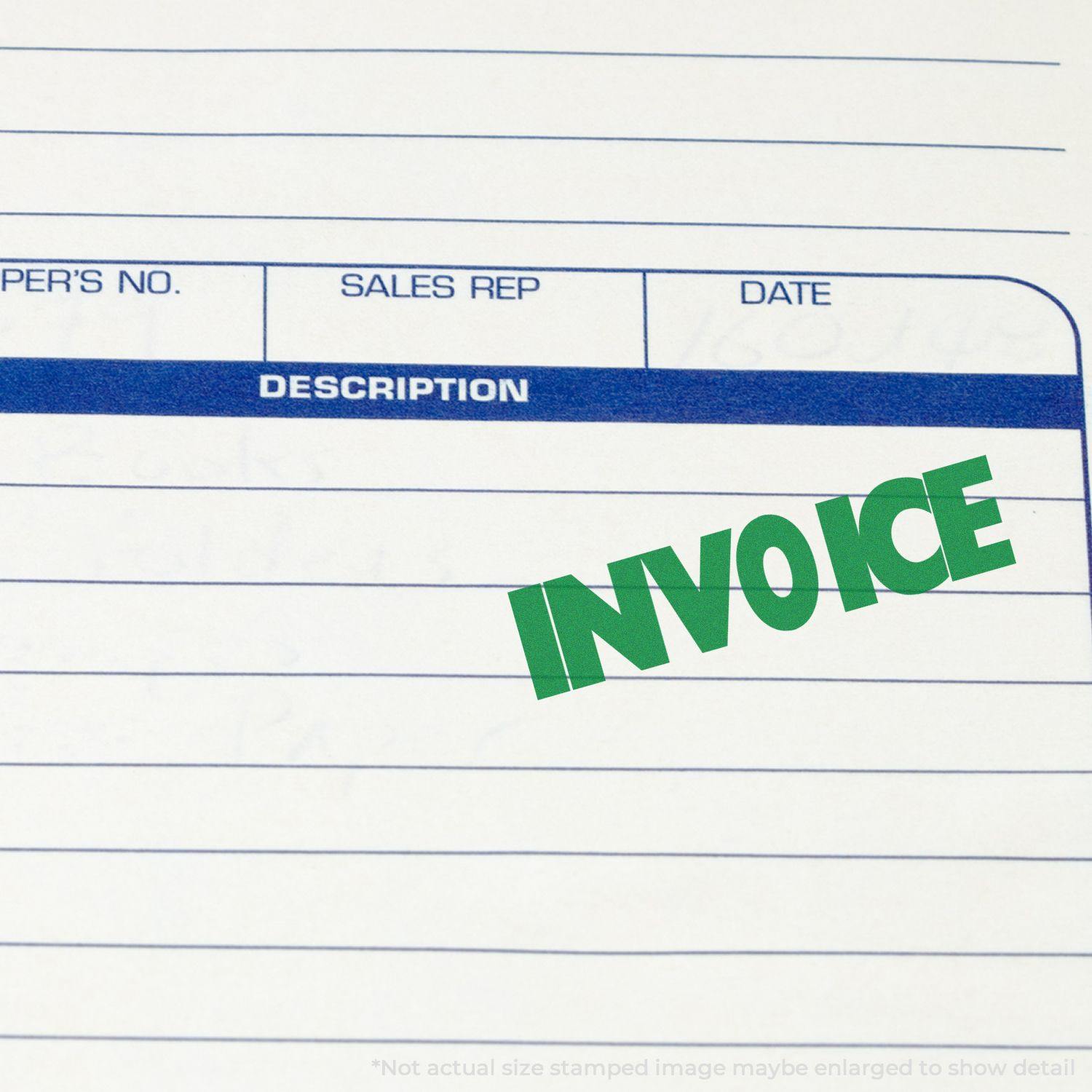 Large Self Inking Invoice Stamp marking 'INVOICE' in green on a document with fields for description, sales rep, and date.