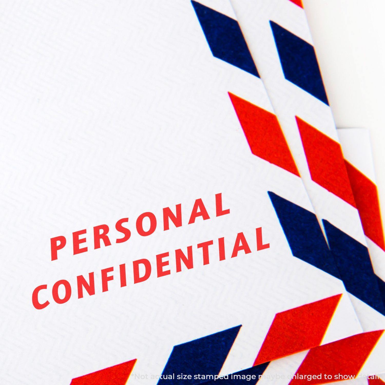 Close-up of an envelope stamped with PERSONAL CONFIDENTIAL using the _Italic Personal Confidential Rubber Stamp_, with red and blue border.