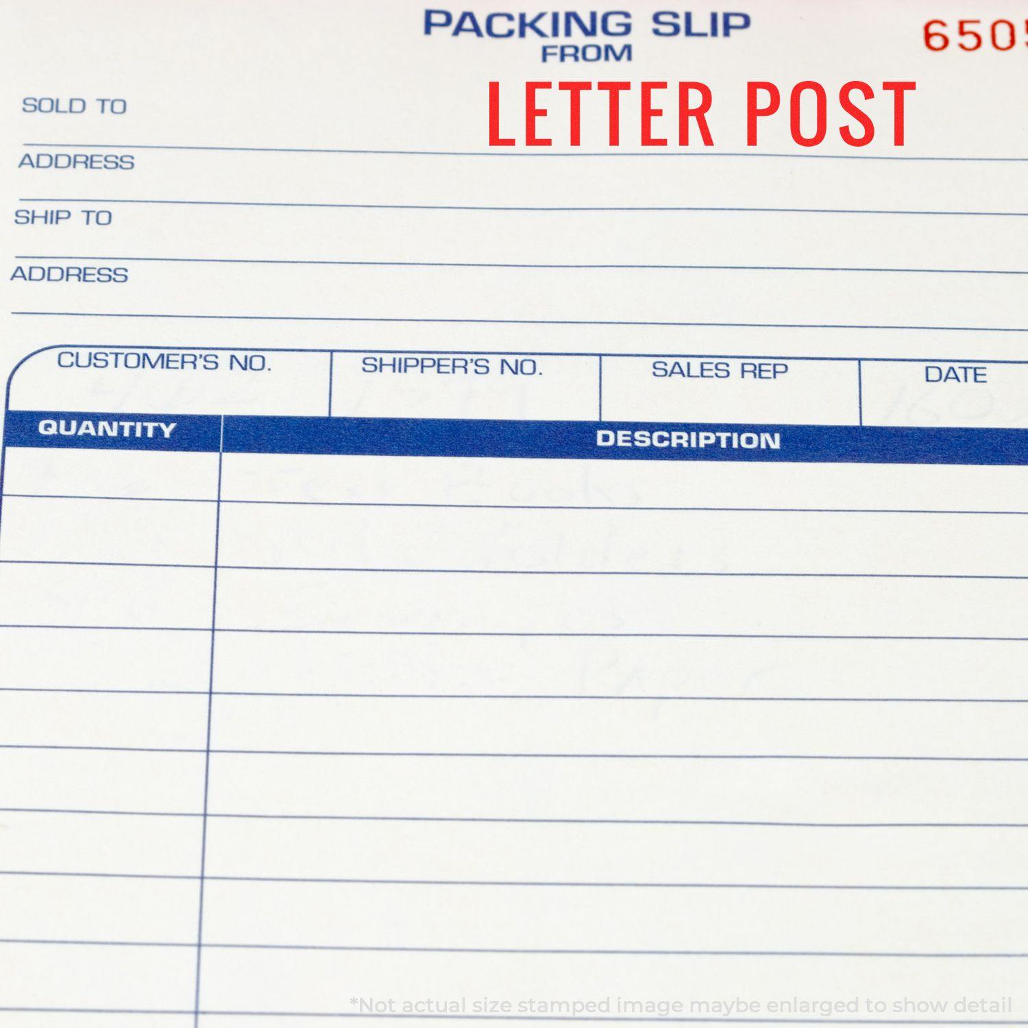 Packing slip with LETTER POST stamped in red using the Large Letter Post Rubber Stamp, showing fields for sold to, address, and description.