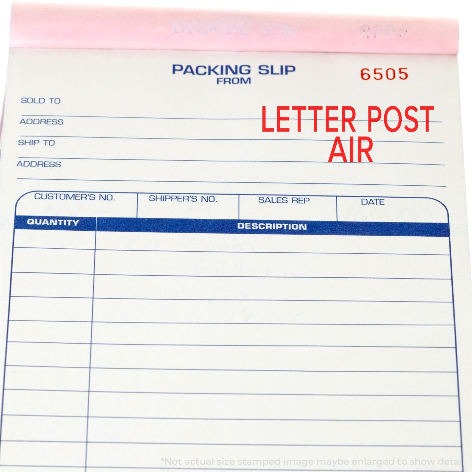 A packing slip stamped with LETTER POST AIR using a Self Inking Letter Post Air Stamp, showing fields for customer and shipping details.