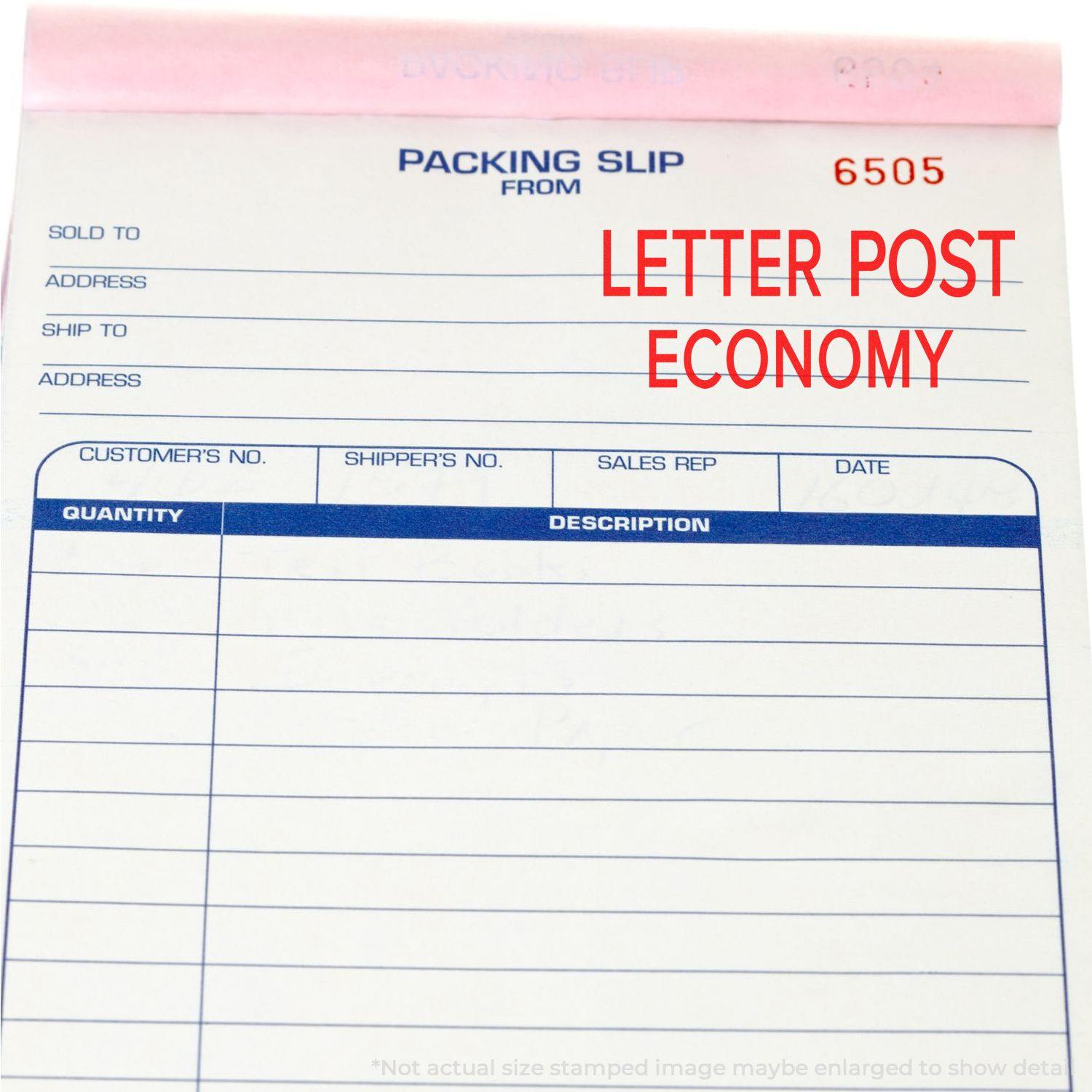 Packing slip with LETTER POST ECONOMY stamped in red using the Large Letter Post Economy Rubber Stamp.