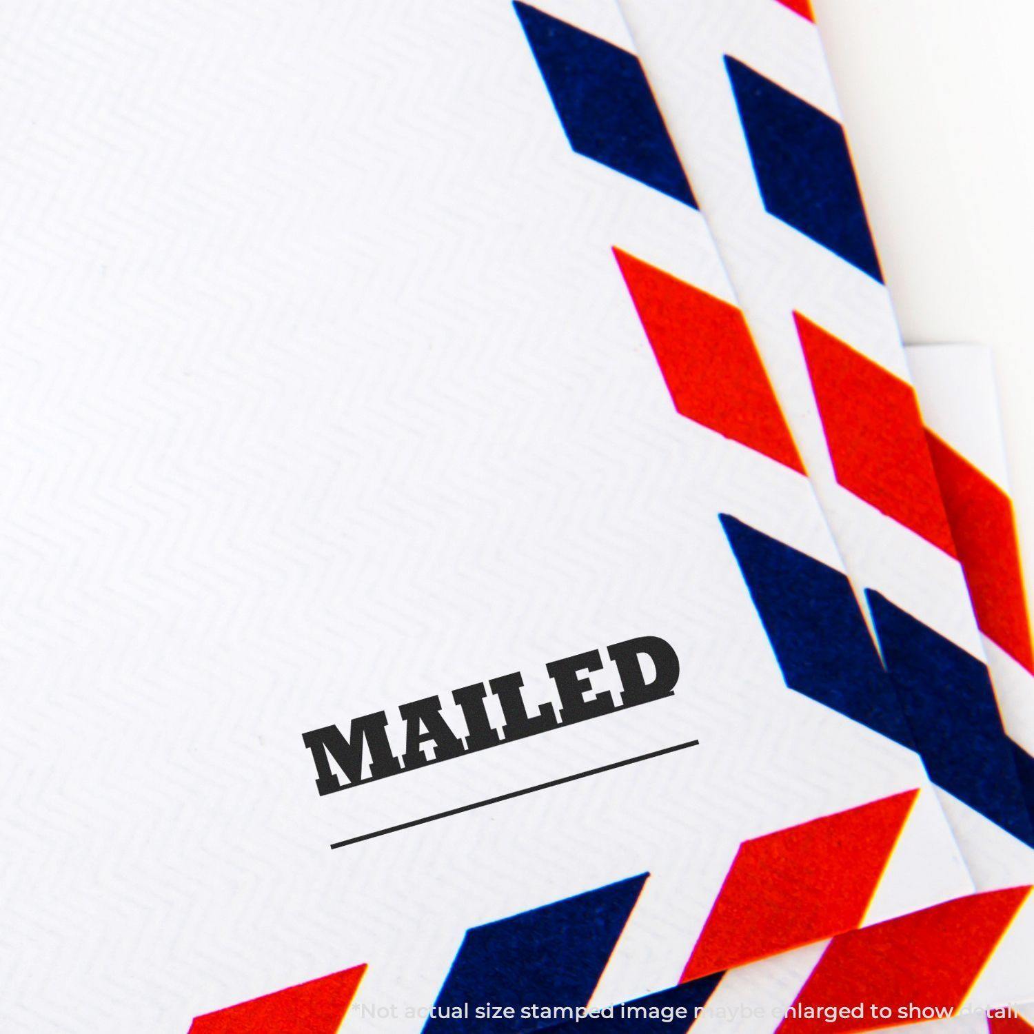 Envelope stamped with Mailed using the Large Mailed with Date Line Rubber Stamp, featuring red and blue airmail border design.