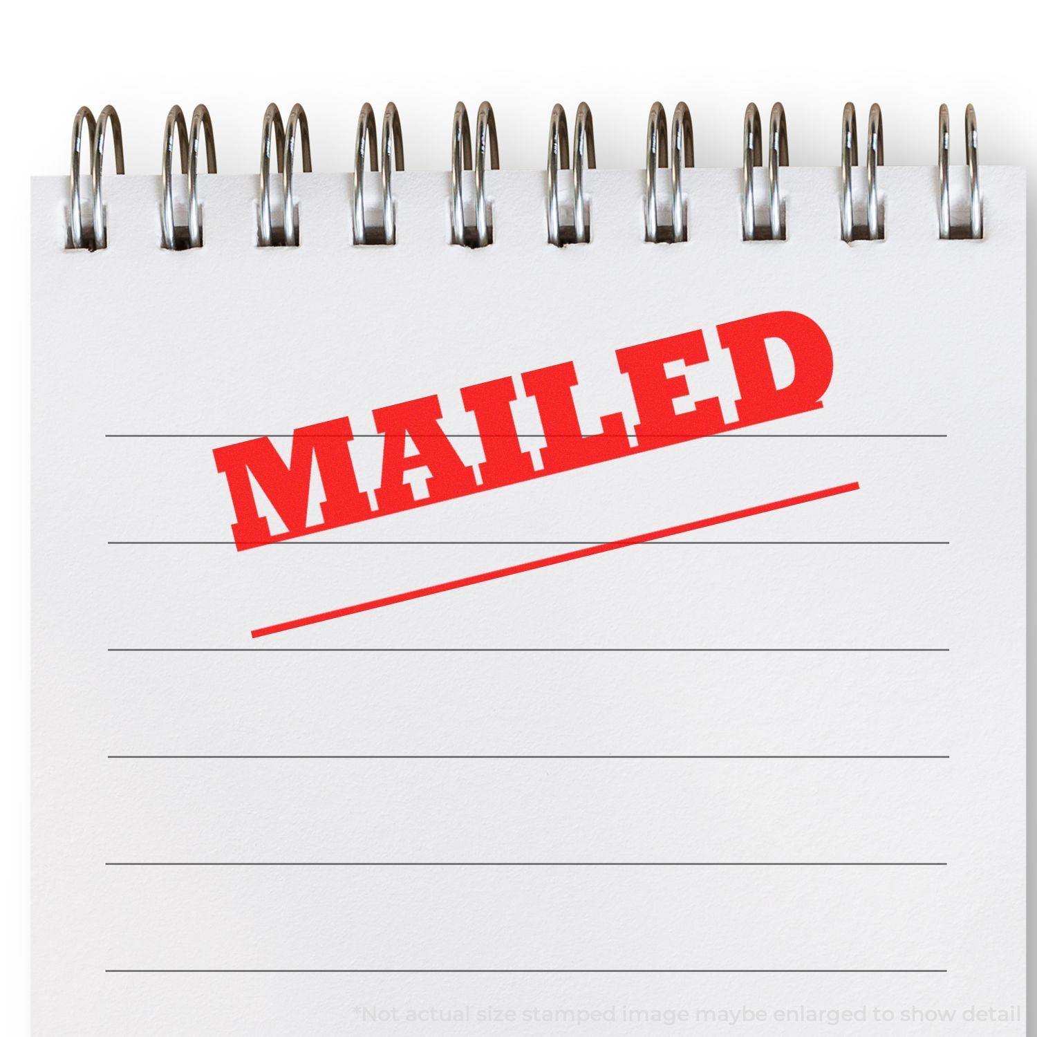 Large Mailed with Date Line Rubber Stamp in red ink on a white notepad with spiral binding, showing the word MAILED and a date line.