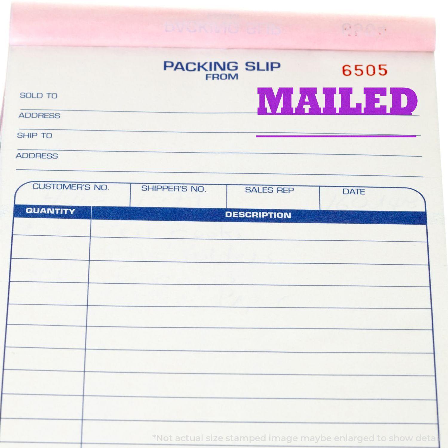 Packing slip stamped with Mailed using the Large Mailed with Date Line Rubber Stamp in purple ink.