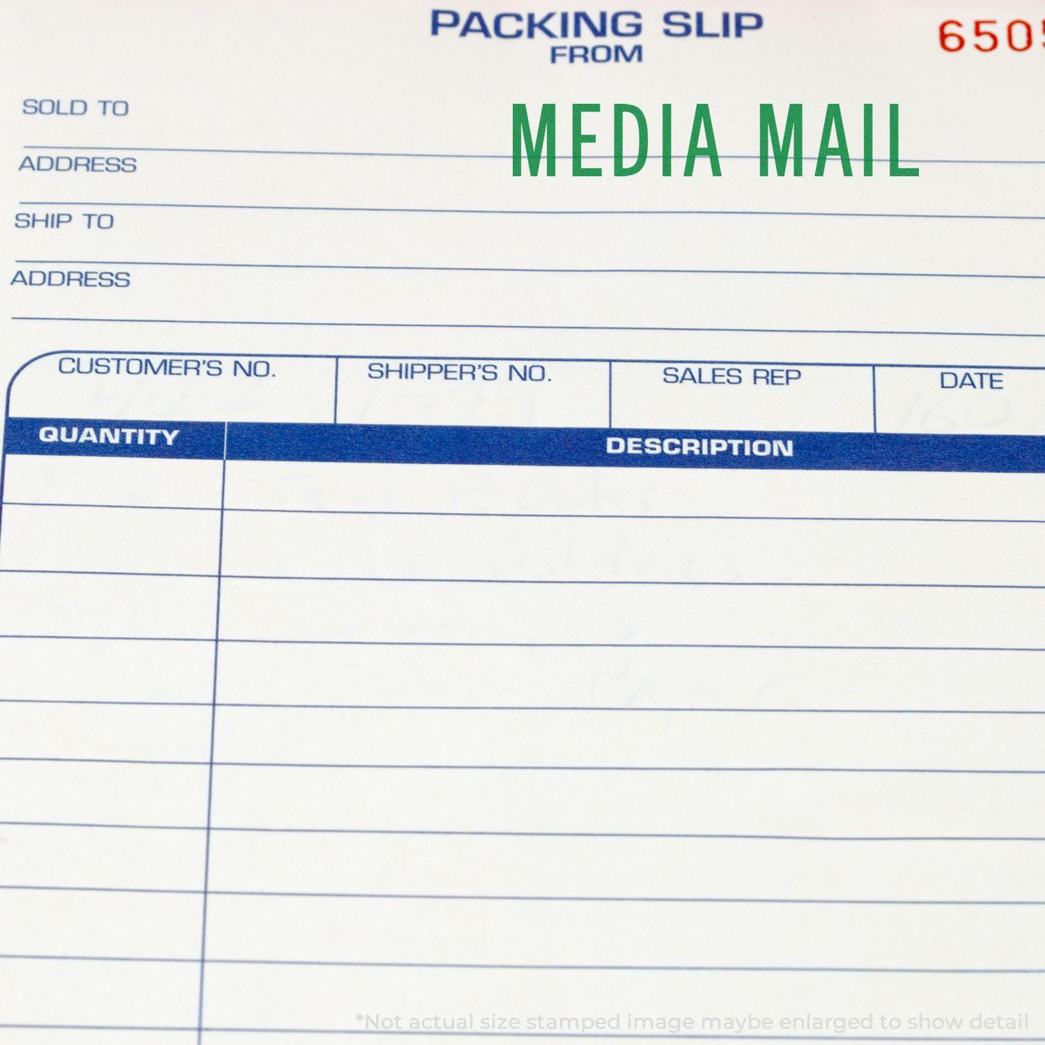 A Large Pre-Inked Media Mail Stamp is used on a packing slip, highlighting the Media Mail section in green text.