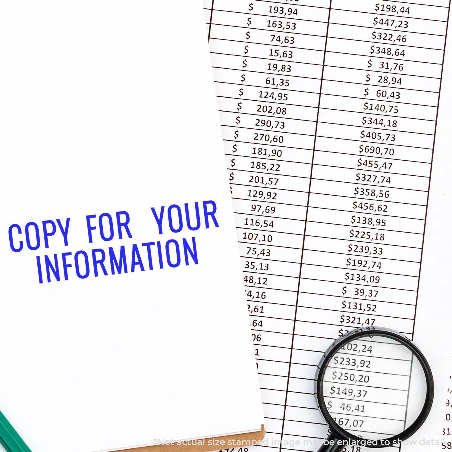 Image of a document stamped with COPY FOR YOUR INFORMATION using the Large Narrow Copy for your Information Rubber Stamp, next to a magnifying glass.