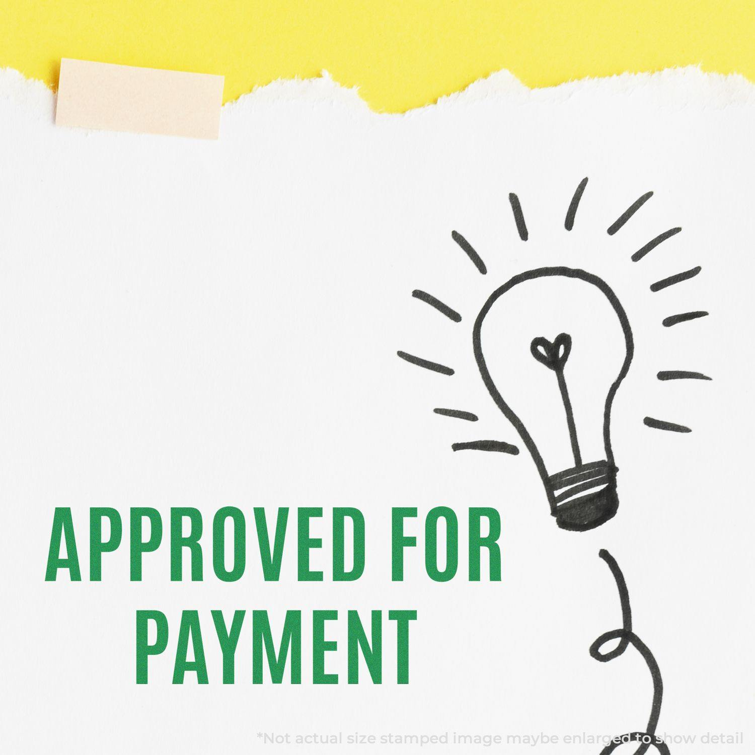 Slim Pre-Inked Narrow Font Approved for Payment Stamp on white paper with a lightbulb drawing and a yellow background.