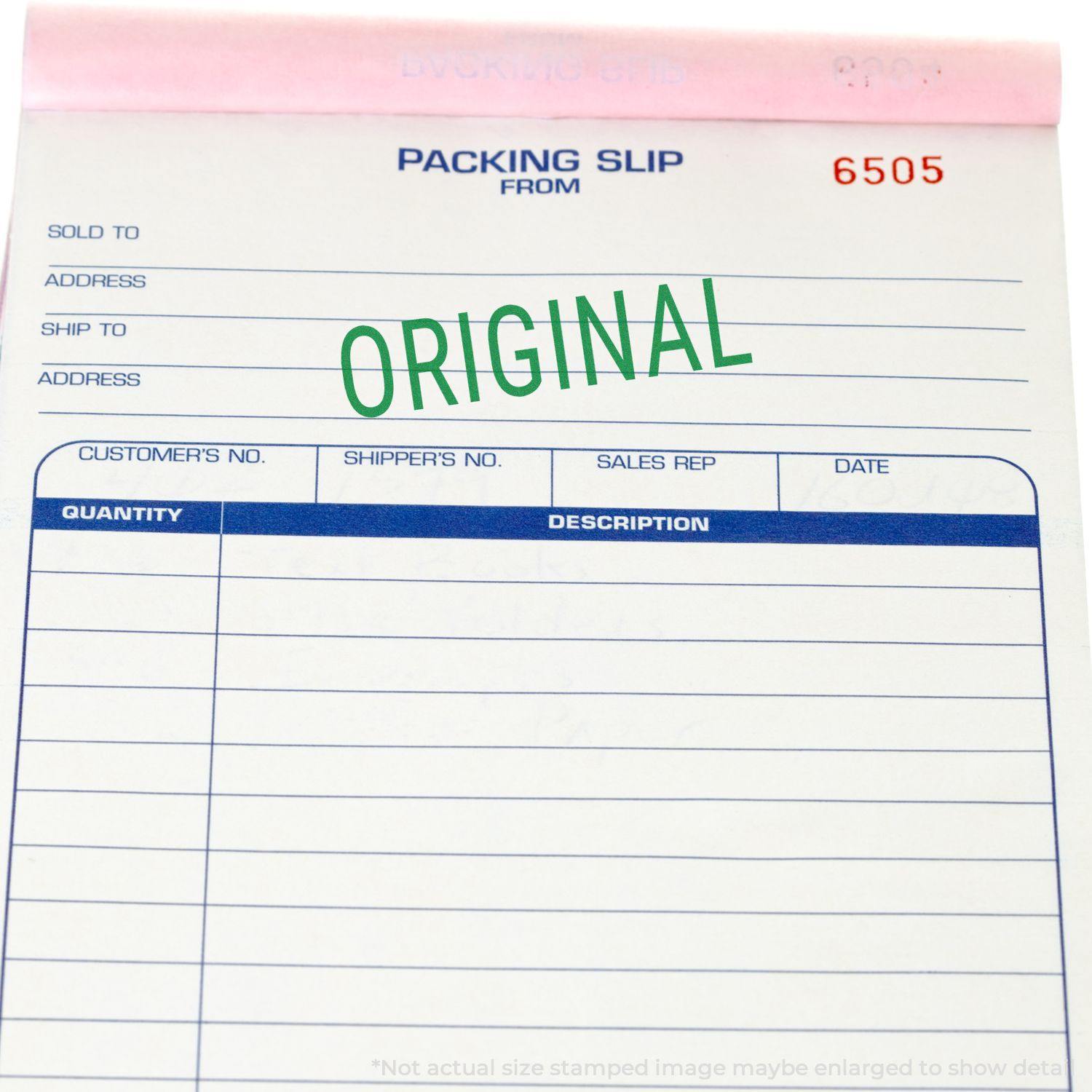 Packing slip stamped with ORIGINAL using a Slim Pre-Inked Narrow Font Original Stamp, highlighting the word in green ink.