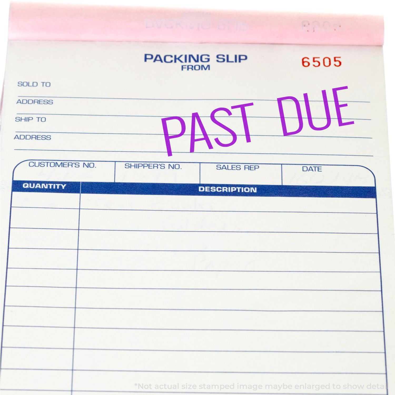 Packing slip stamped with PAST DUE using the Self Inking Narrow Past Due Stamp in purple ink.