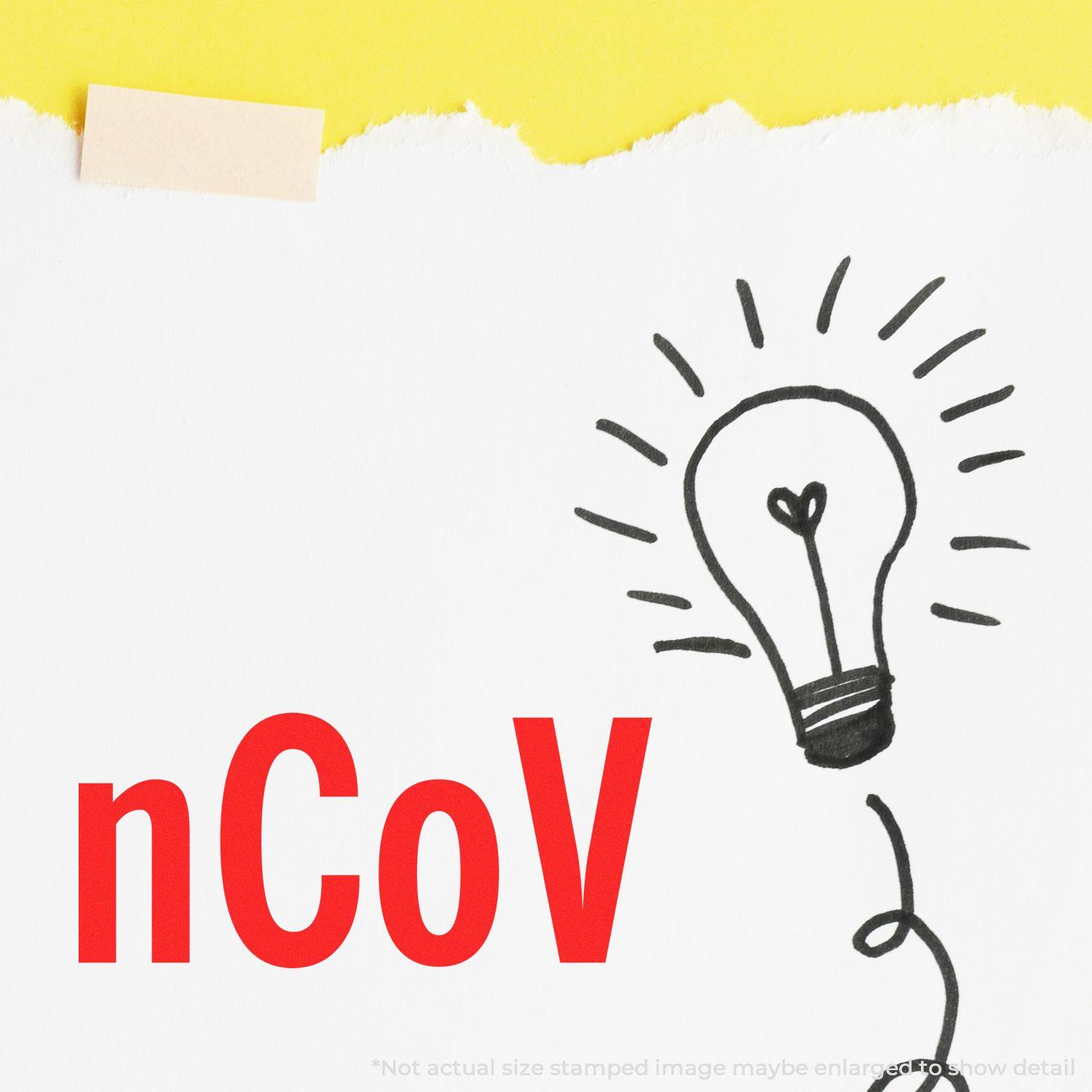 A Large Pre-Inked nCov Stamp imprint on white paper with a lightbulb sketch, against a yellow background.