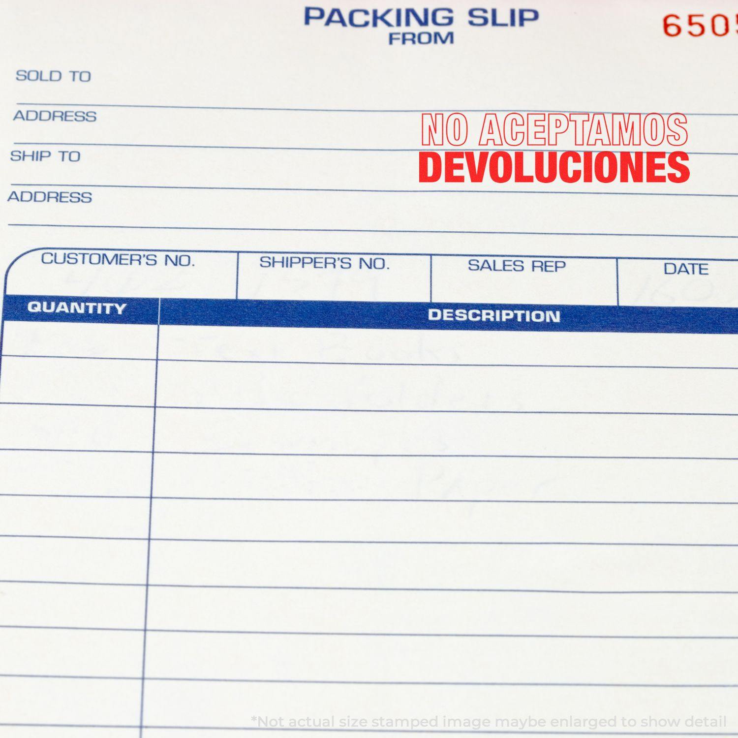 Packing slip with a Slim Pre-Inked No Aceptamos Devolucions Stamp in red, indicating no returns accepted.