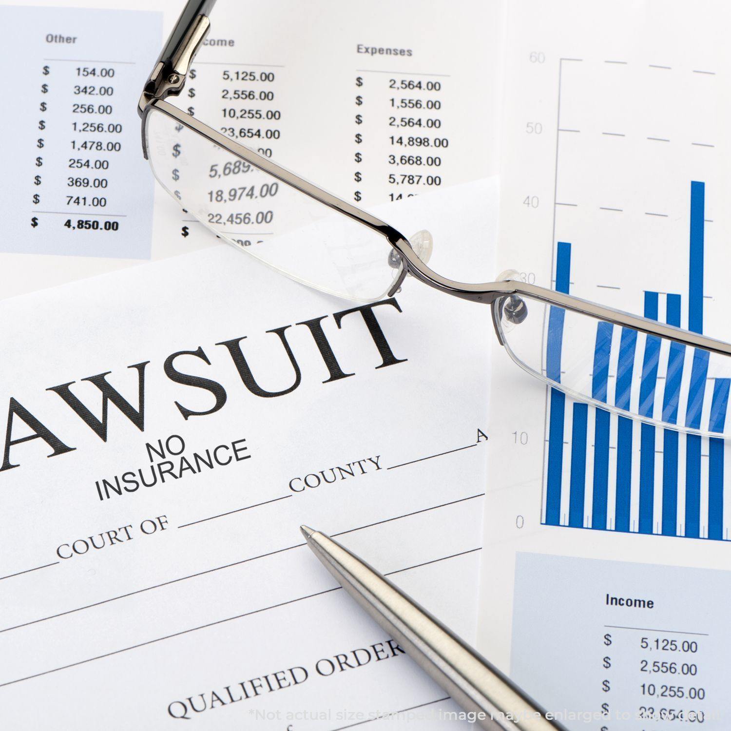 Large Self Inking No Insurance Stamp on lawsuit document, surrounded by financial charts, glasses, and a pen.