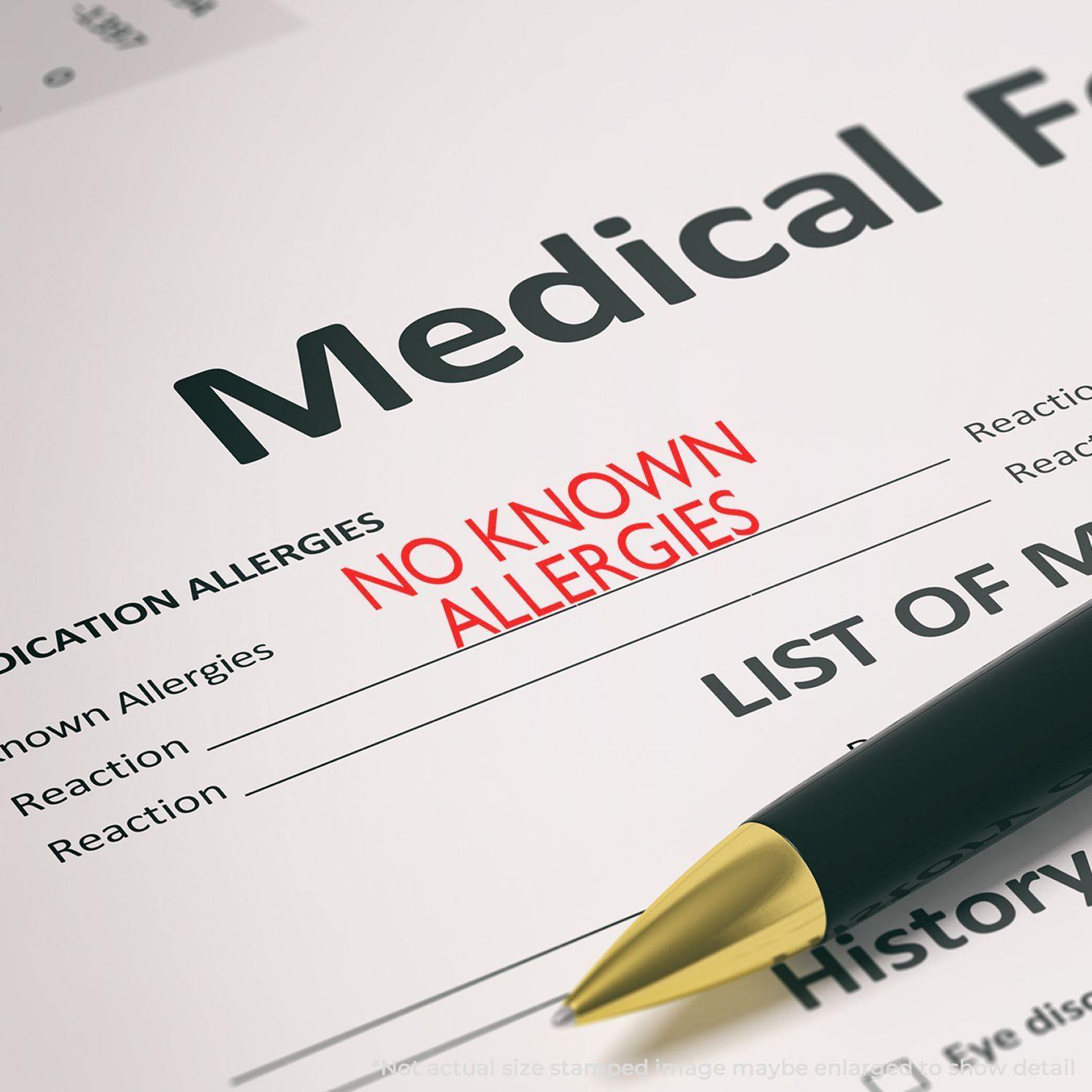 A medical form stamped with NO KNOWN ALLERGIES in red ink using the Large Self Inking No Known Allergies Stamp, next to a black pen.