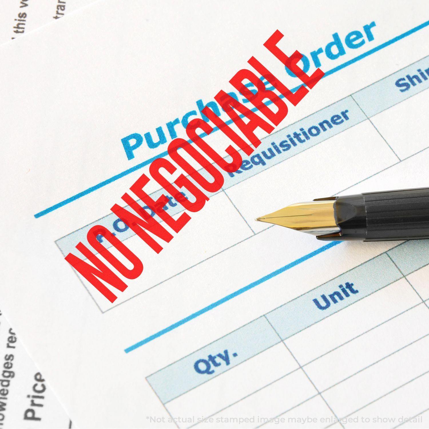 Large No Negociable Rubber Stamp in red ink on a purchase order form, with a pen nearby.