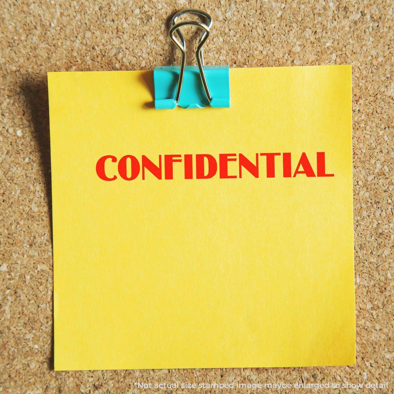 Yellow note stamped CONFIDENTIAL with Large Optima Confidential Rubber Stamp, clipped to a corkboard with a blue binder clip.