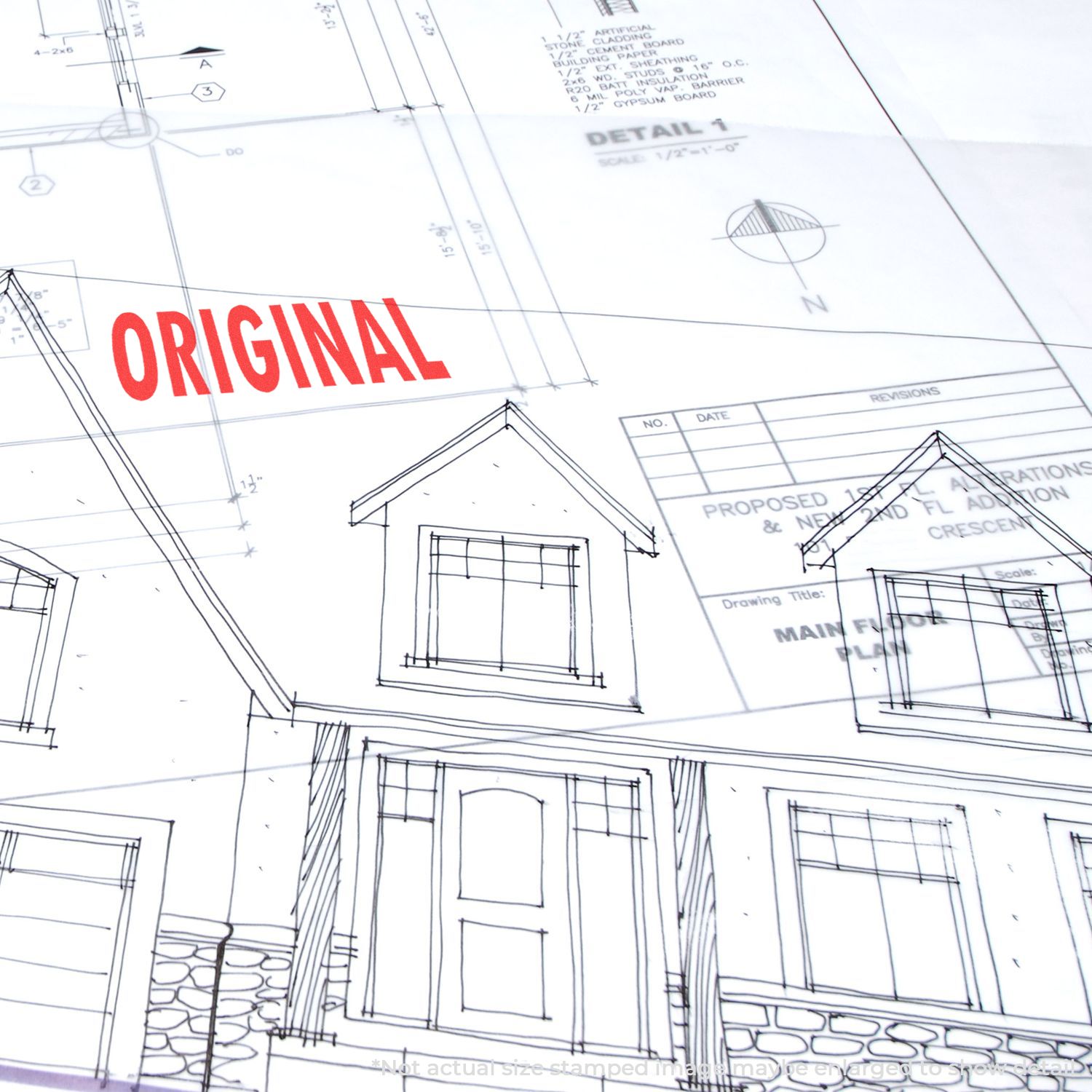 Architectural blueprint stamped with ORIGINAL using the Self Inking Original Stamp, highlighting the authenticity of the document.