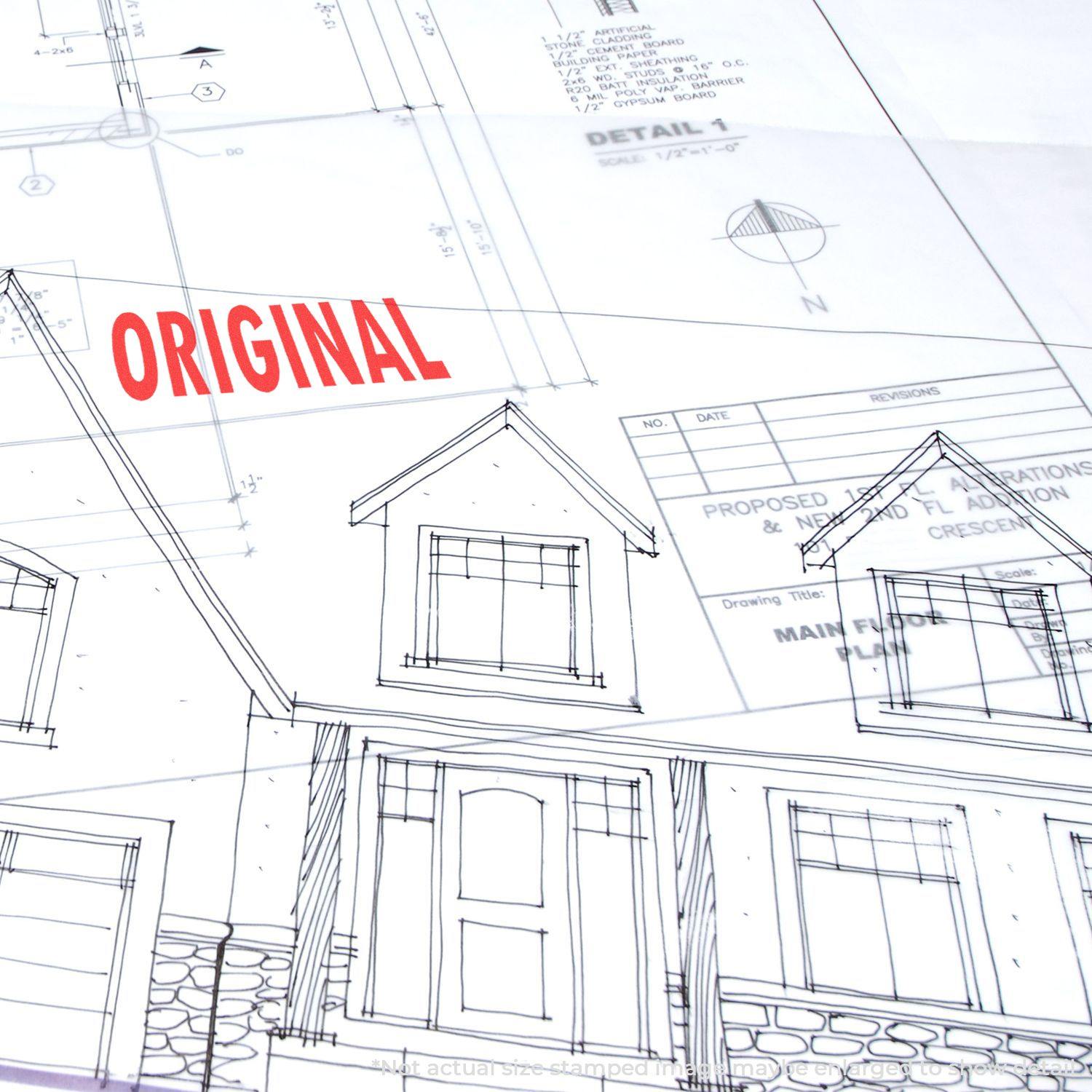 Architectural blueprint stamped with ORIGINAL using a Slim Pre-Inked Original Stamp, highlighting document authenticity.