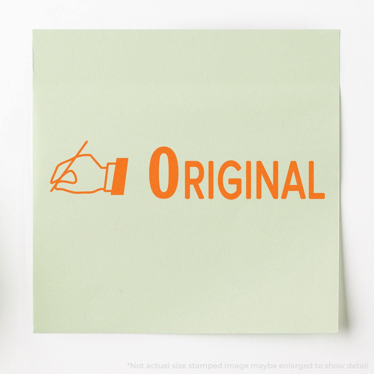 Large Self Inking Original with Hand Stamp in orange ink on a light green paper, showing a hand holding a stamp next to the word ORIGINAL .