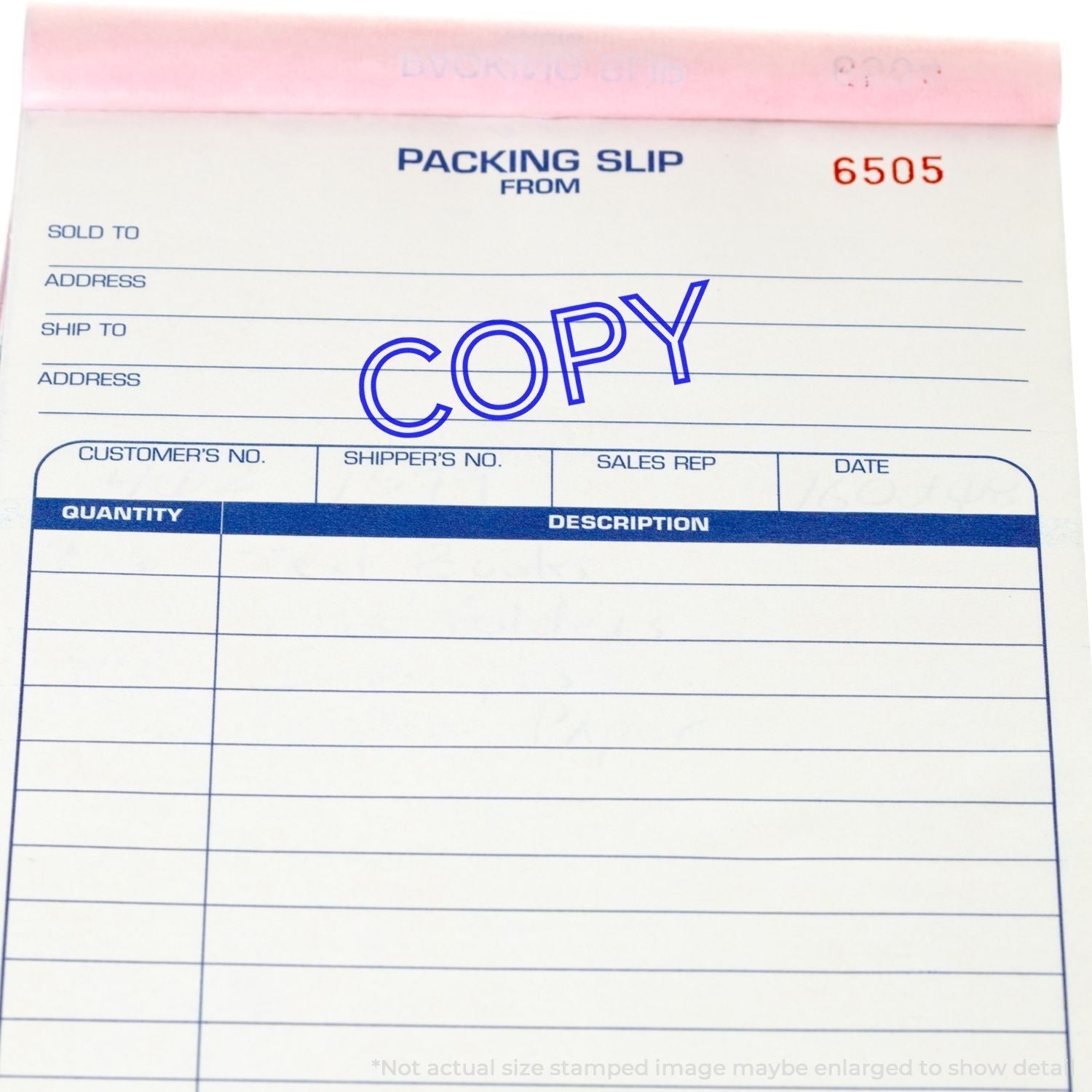 Packing slip with COPY stamped in blue using the Self Inking Outline Font Copy Stamp.