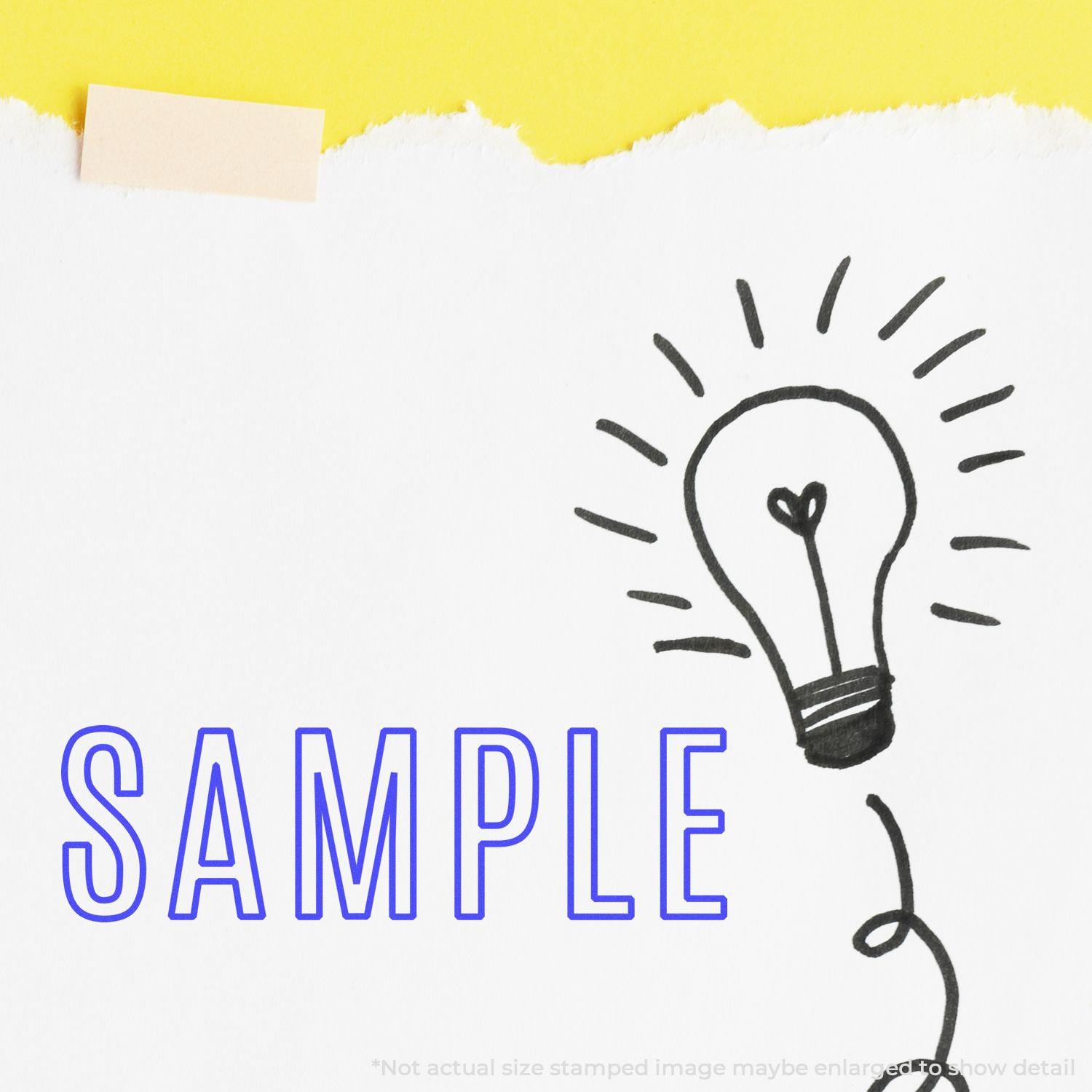 Image of a stamped light bulb design with the word 'SAMPLE' using the Large Pre-Inked Outline Sample Stamp on white paper with a yellow background.