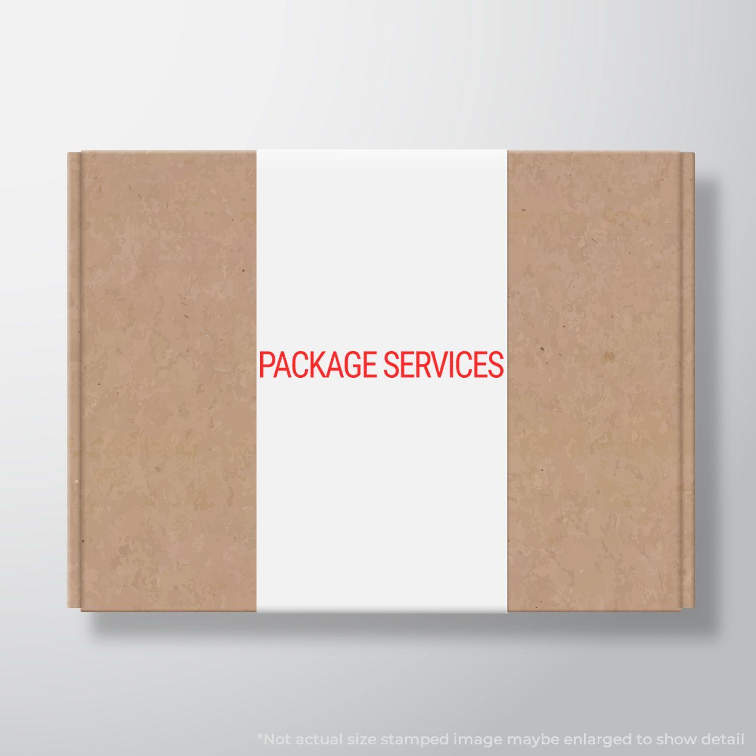 Package Services Rubber Stamp in red ink on a brown cardboard box with white wrapping.