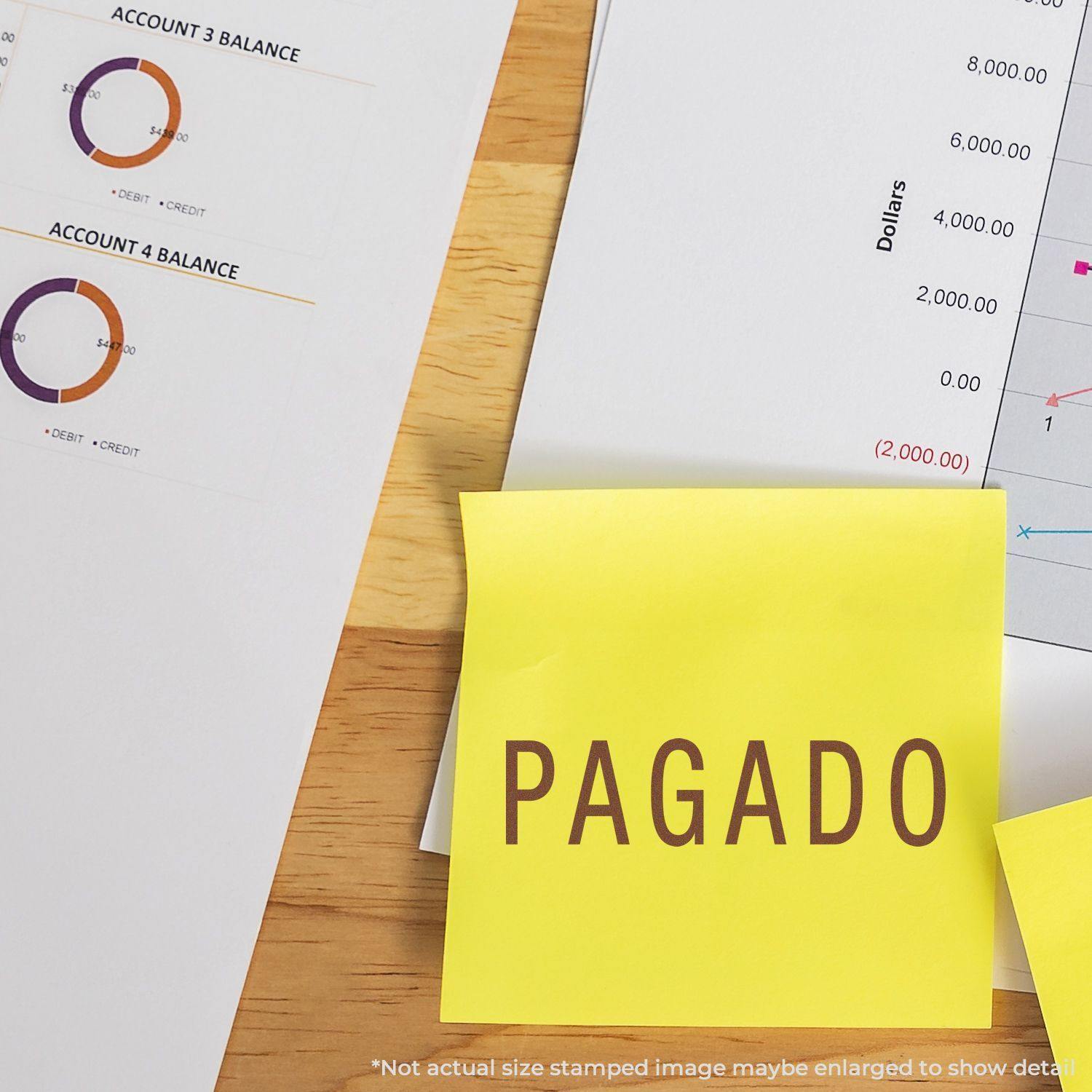 Yellow sticky note with PAGADO stamped on it, placed on financial documents with charts and graphs in the background.