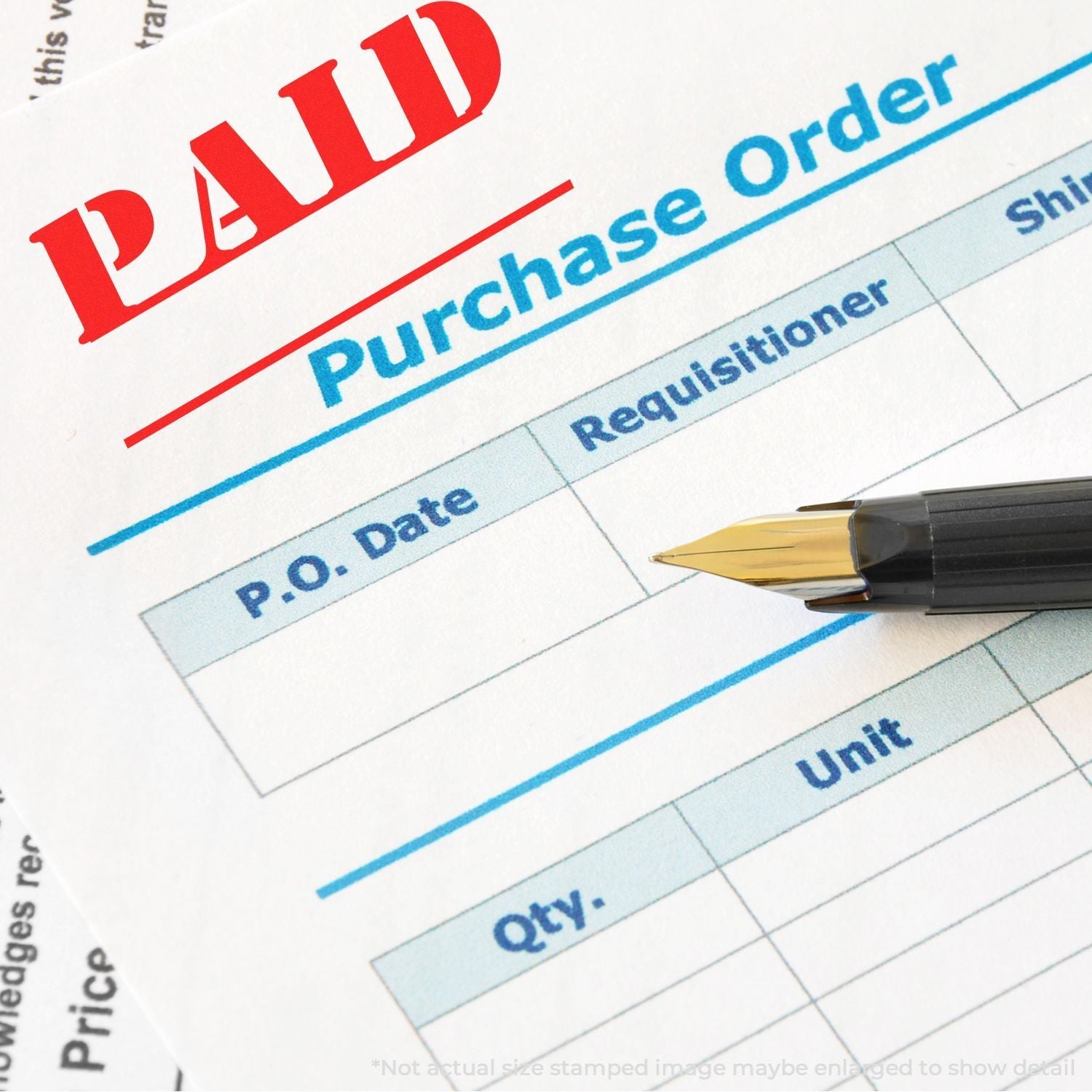 A purchase order stamped with PAID using the Self Inking Paid with Date Line Stamp, with a pen resting on the document.