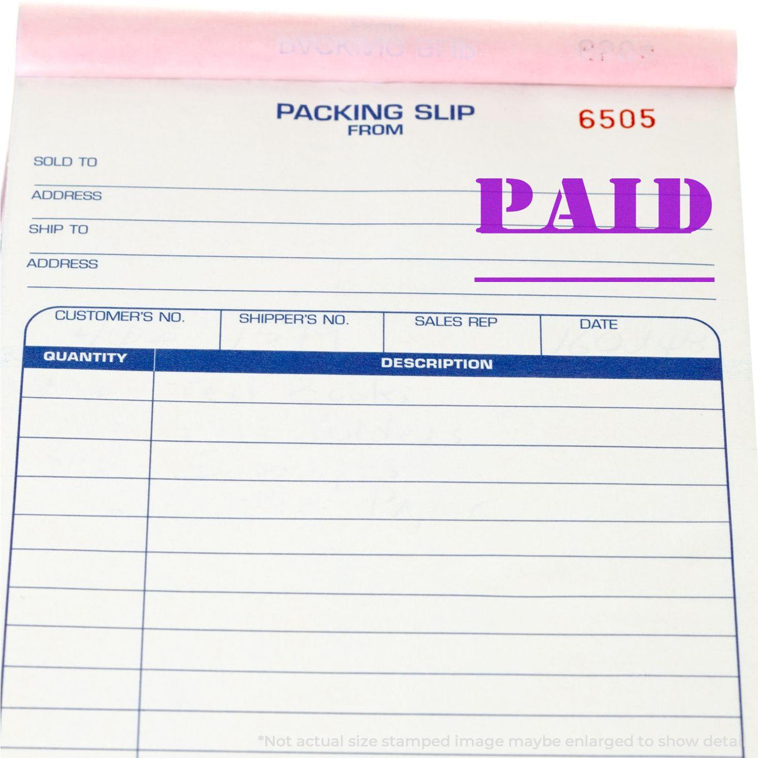 Packing slip stamped with PAID using a Slim Pre-Inked Paid with Date Line Stamp, showing a pink slip and printed details.