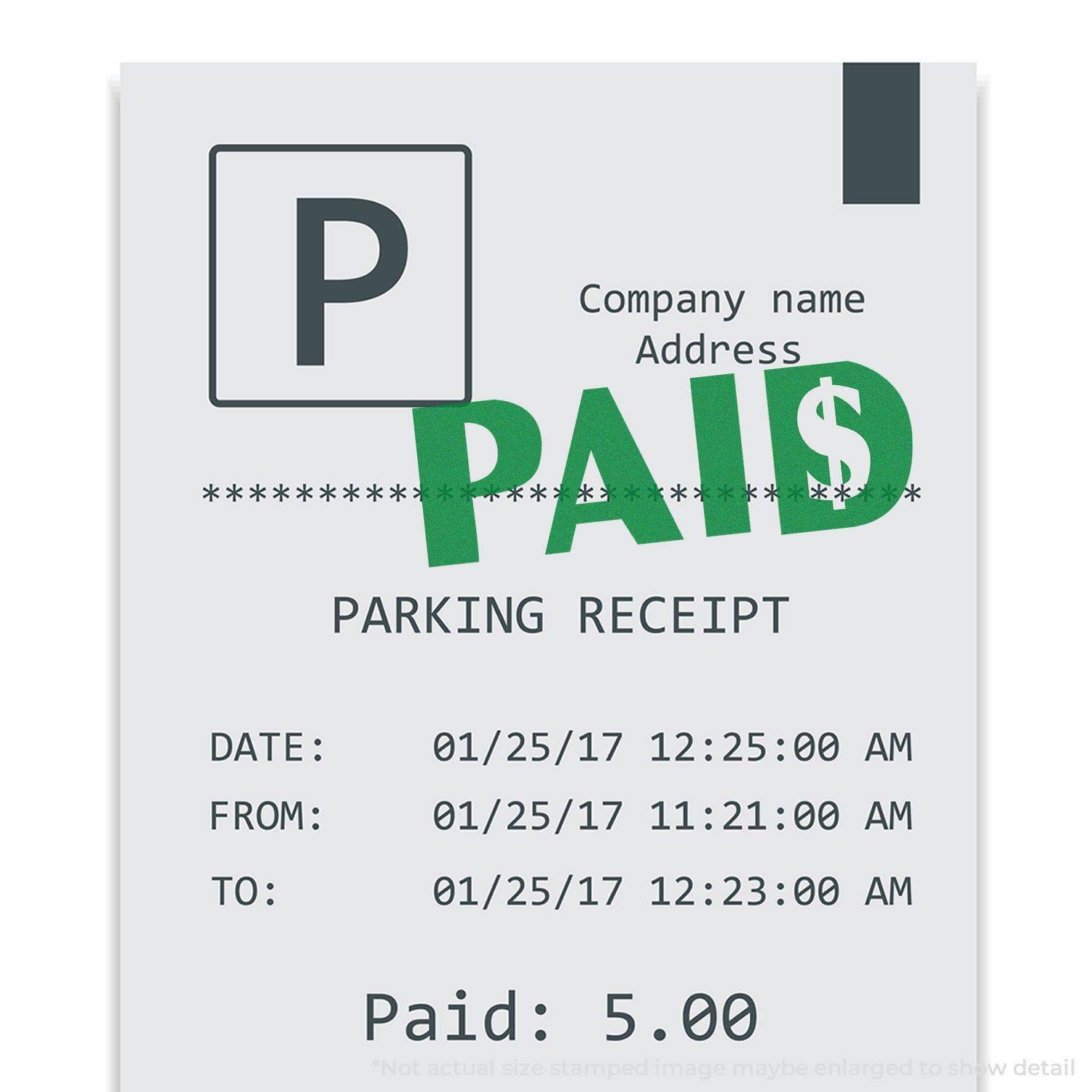 Parking receipt stamped with a green Paid with Dollar Sign Rubber Stamp, showing payment details and a $5.00 fee.