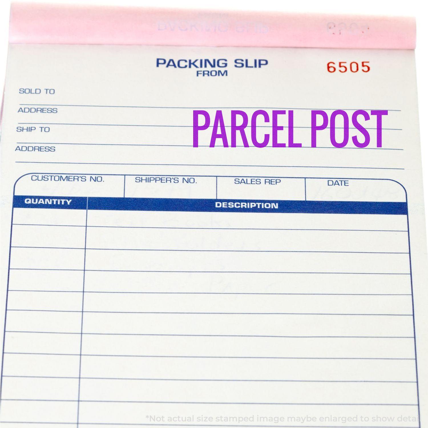 Packing slip with PARCEL POST stamped in purple using the Large Parcel Post Rubber Stamp. The slip includes fields for shipping details.