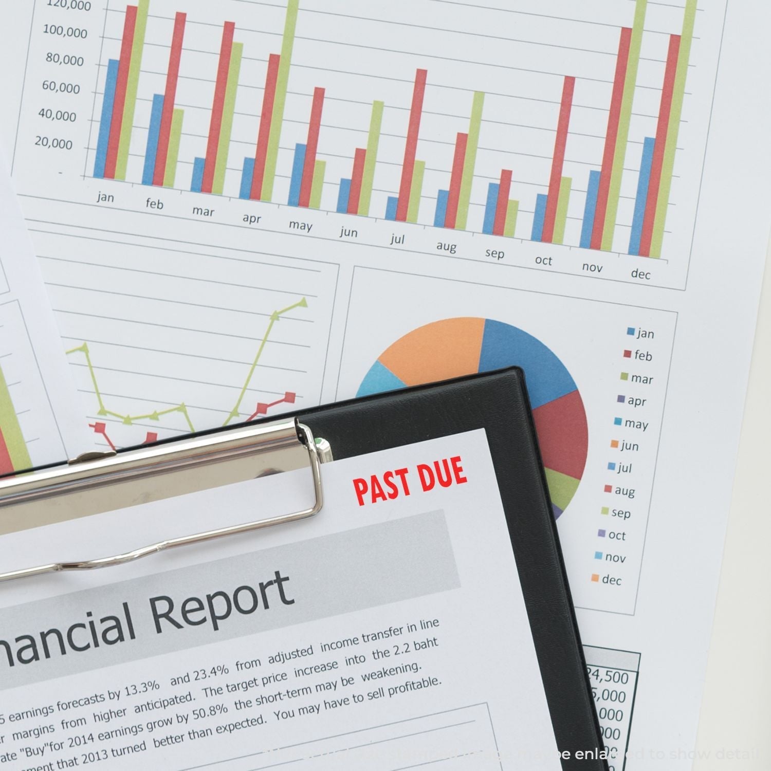 Self Inking Past Due Stamp marking a financial report with colorful charts and graphs in the background.