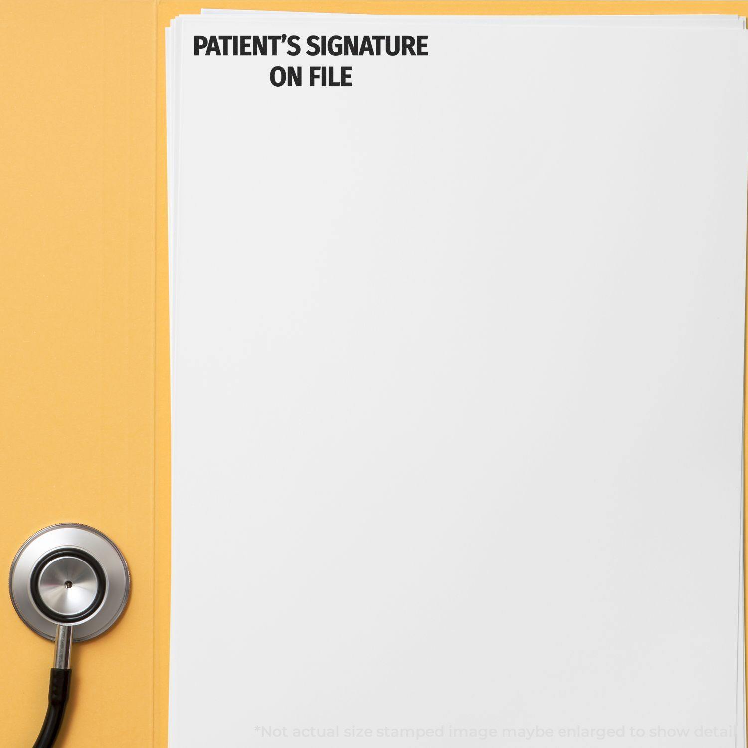 Slim Pre-Inked Patients Signature on File Stamp used on a white document with a stethoscope on a yellow background.