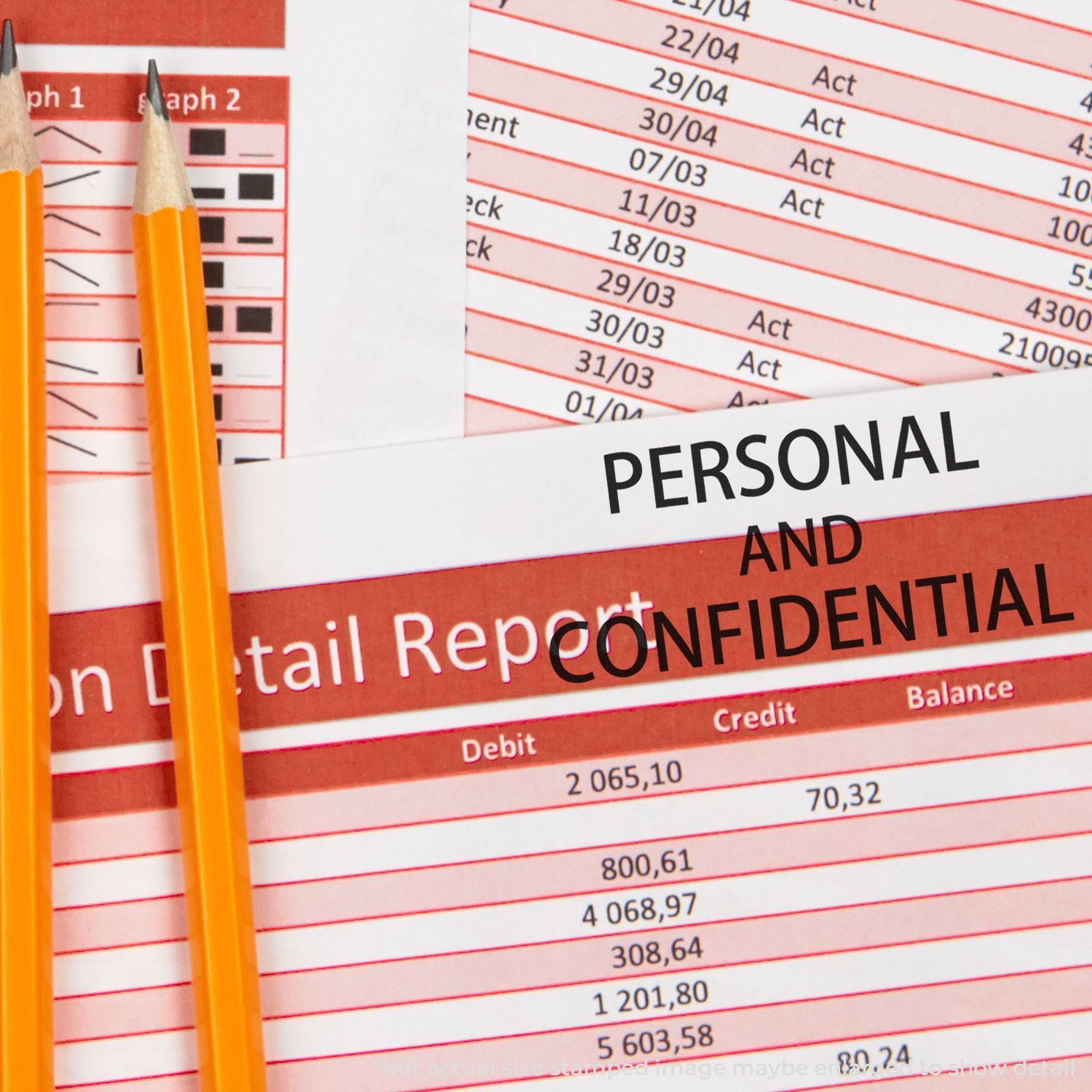 Self Inking Personal Confidential Stamp marking documents with PERSONAL AND CONFIDENTIAL text, placed next to two pencils on a financial report.