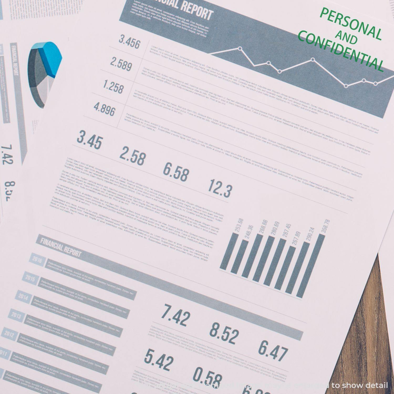 Slim Pre-Inked Personal Confidential Stamp used on financial report documents, marking them as Personal and Confidential.