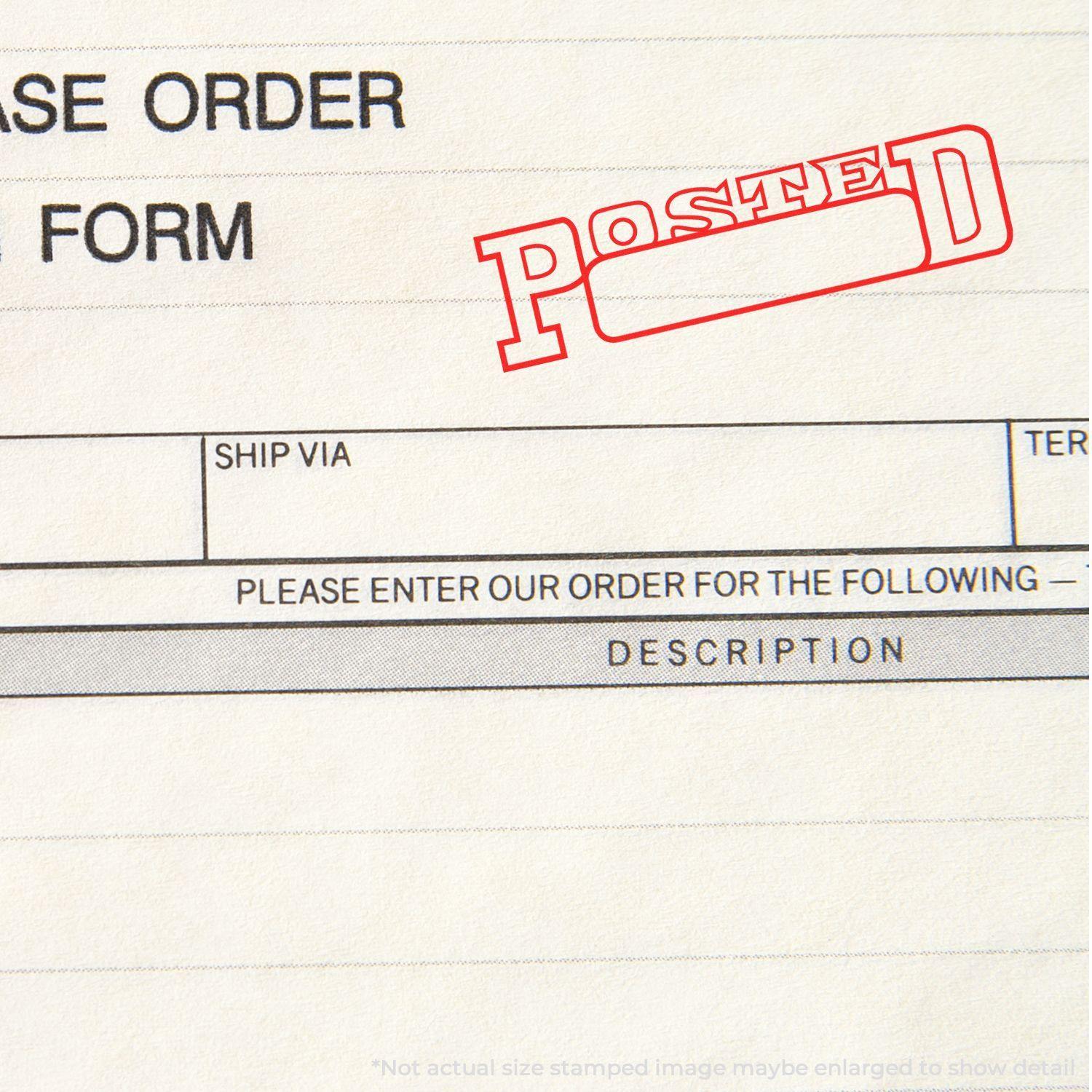 A purchase order form stamped with Posted using the Large Posted with Date Box Rubber Stamp in red ink.