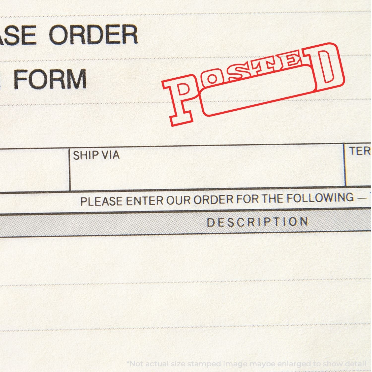 Self Inking Posted with Date Box Stamp marking a document with a red POSTED stamp and a blank date box on a purchase order form.