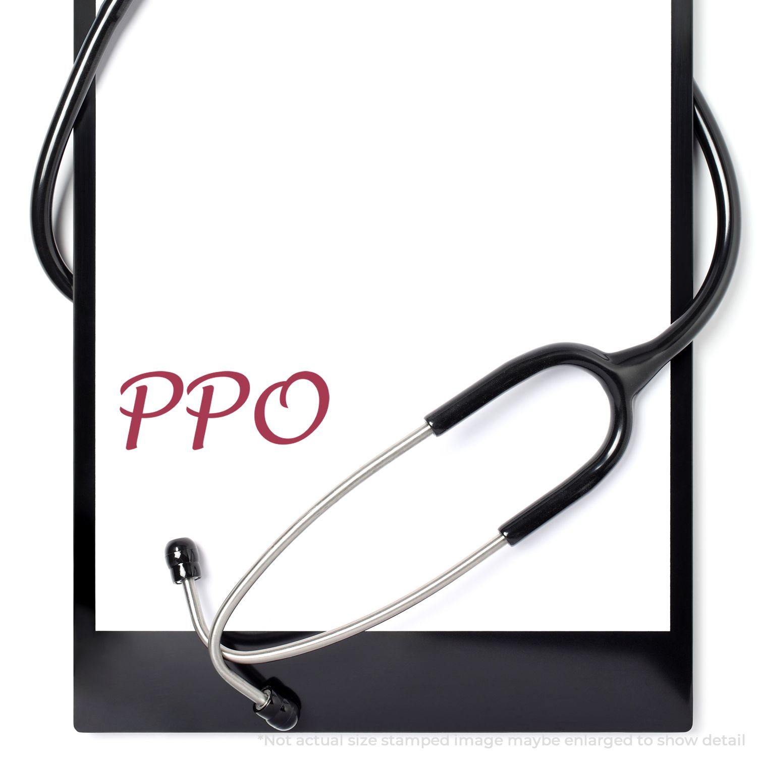 Slim Pre-Inked PPO Stamp used on a white sheet with a stethoscope placed beside it.