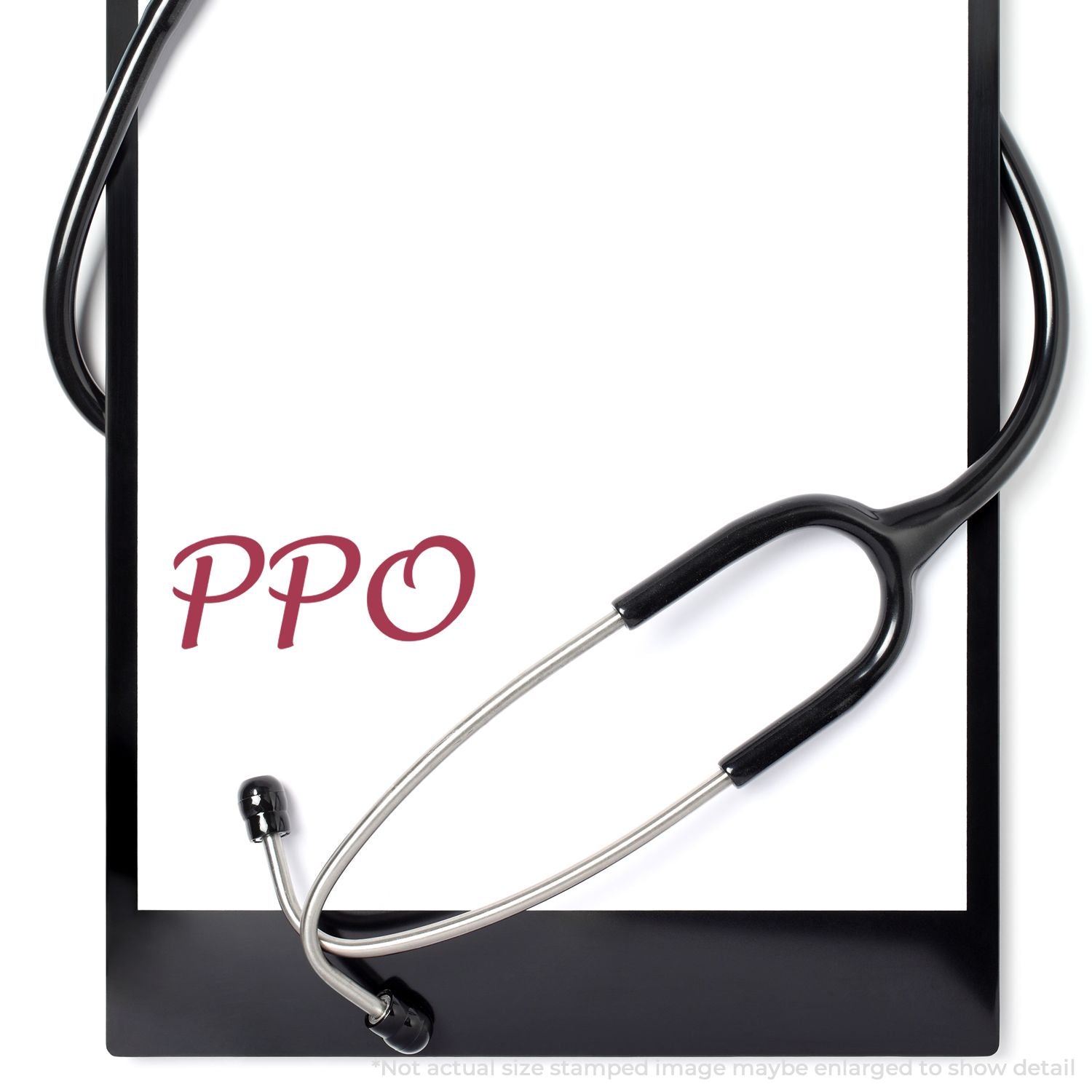 Self Inking PPO Stamp used on a white paper with a stethoscope around it. The stamp imprint reads "PPO" in red.