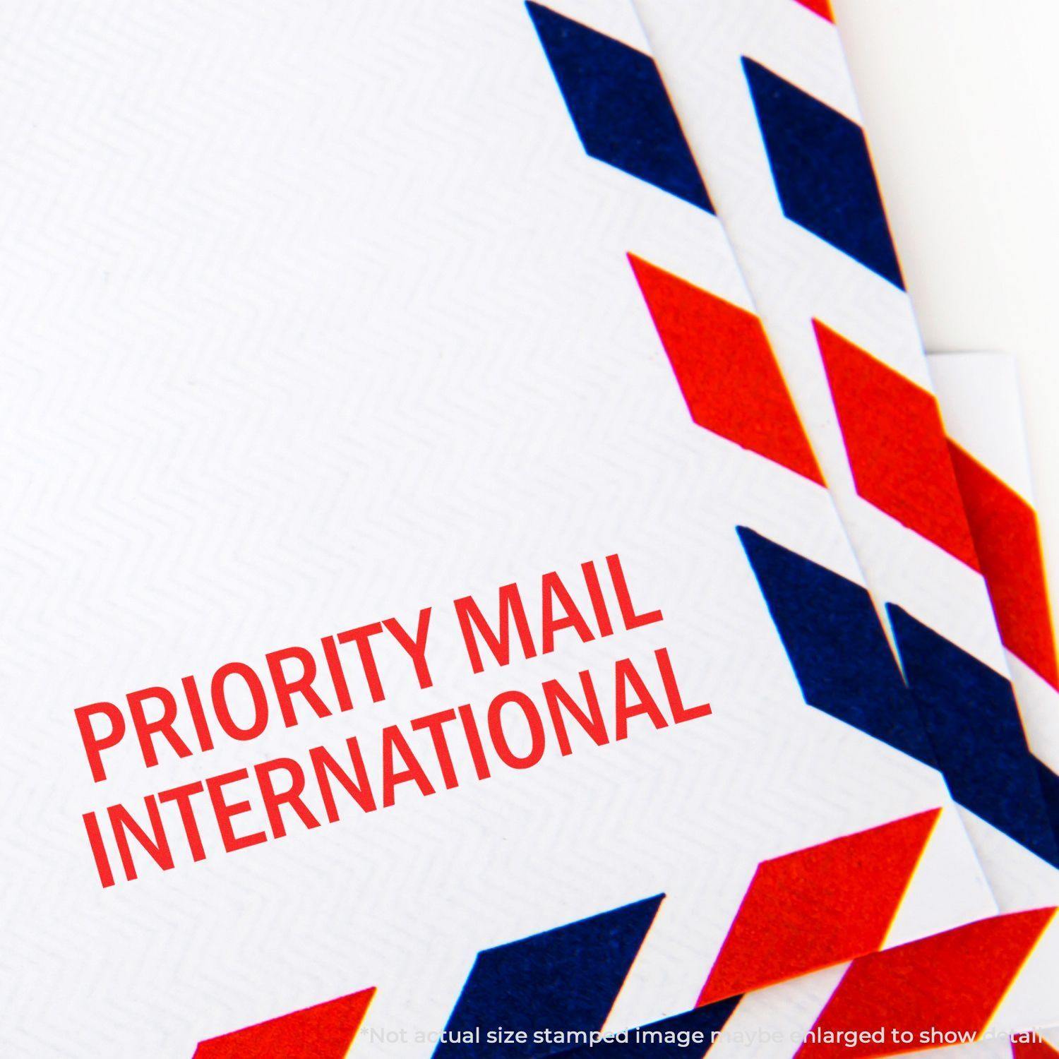 Close-up of an envelope stamped with Priority Mail International using the Large Pre-Inked Priority Mail International Stamp.