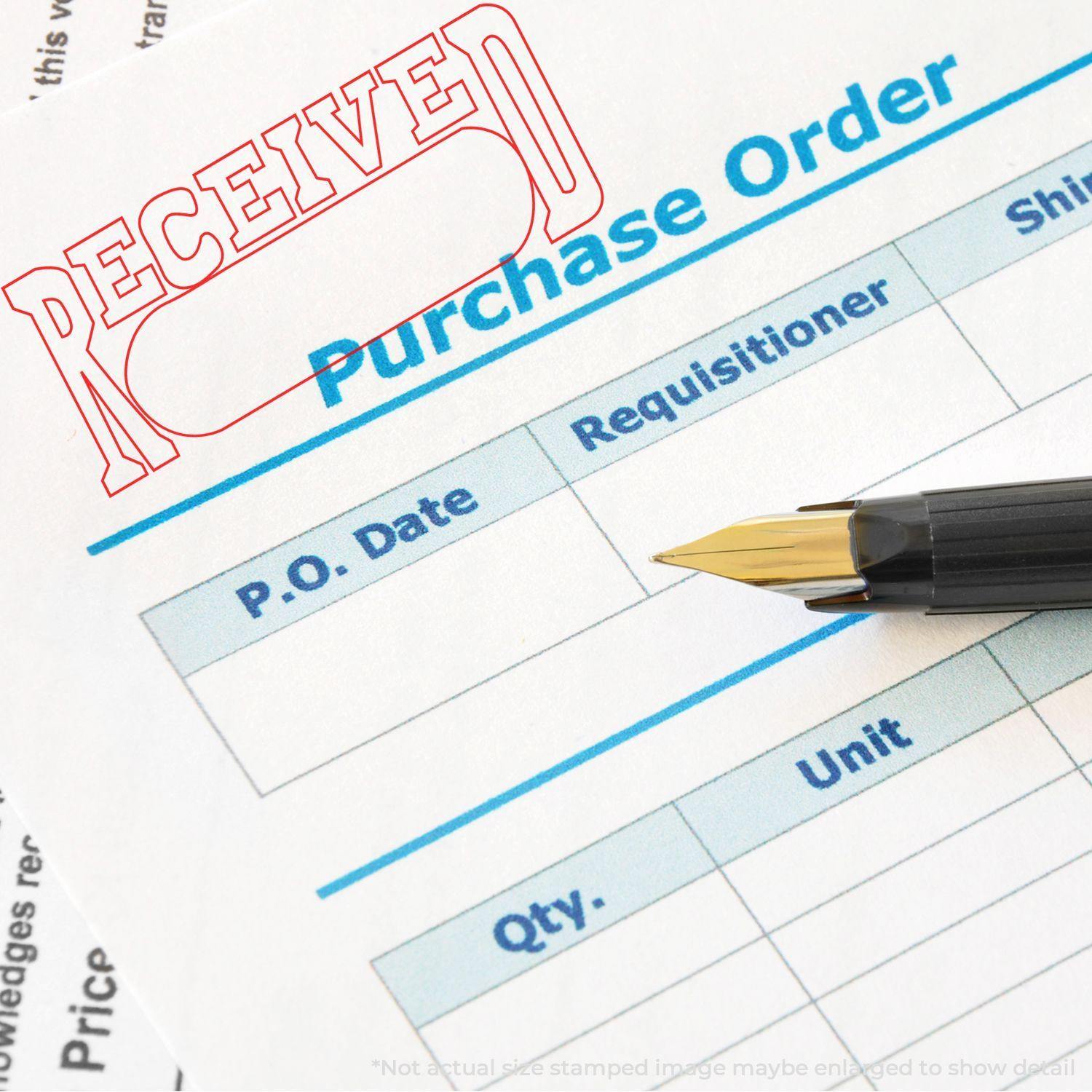 Large Self Inking Received with Date Box Stamp marking a purchase order document, with a fountain pen placed on the form.