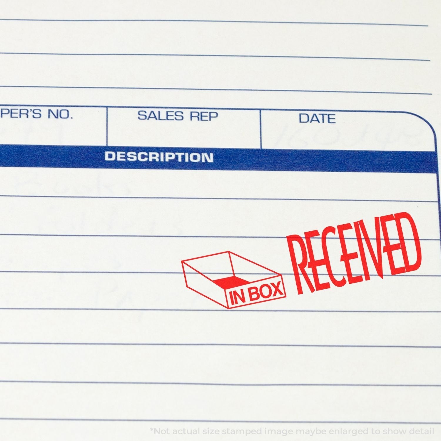 Self Inking Received with Inbox Icon Stamp in red ink on a document, showing the stamp's clear and bold impression.